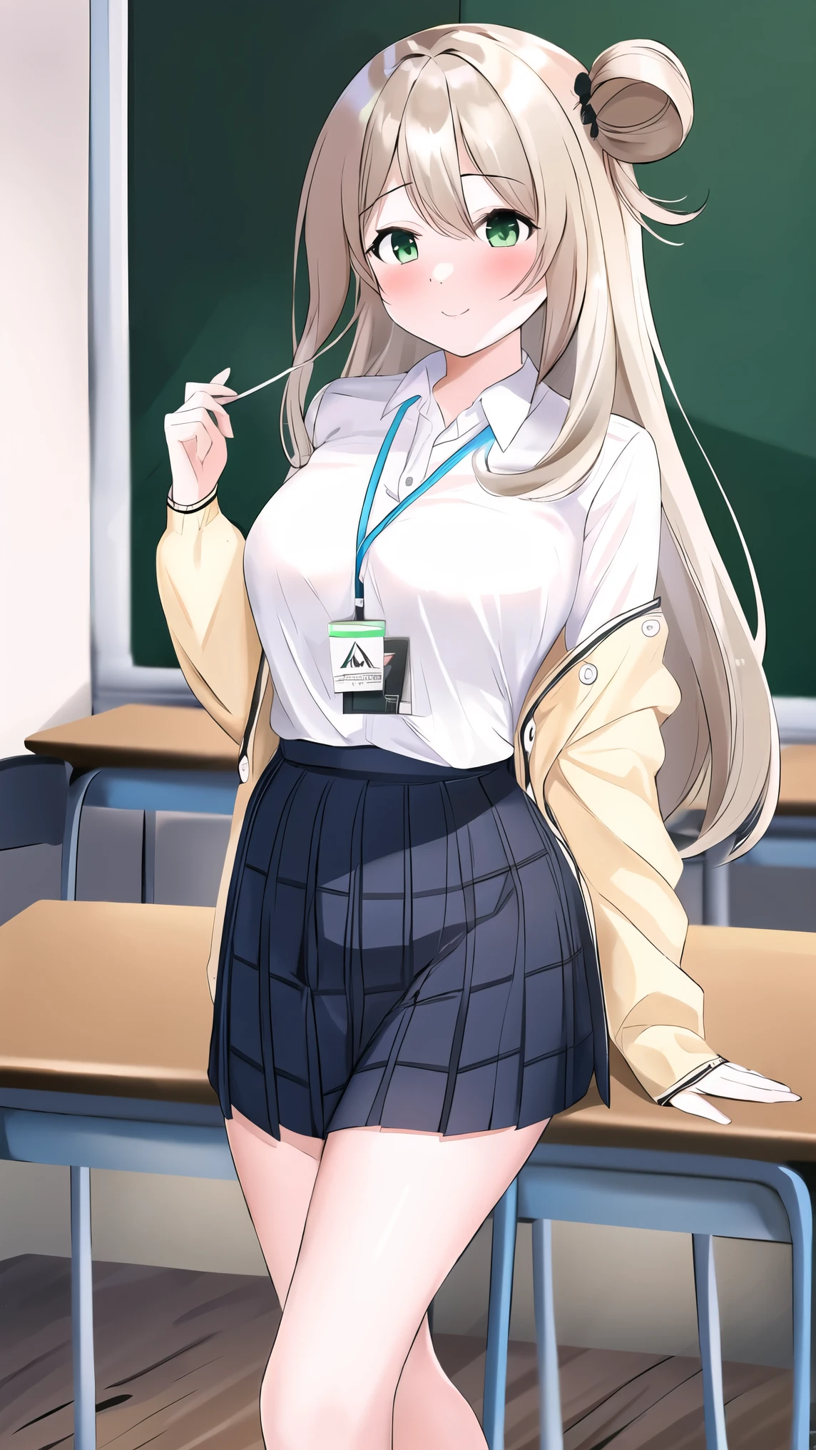 8k, (masterpiece, best quality), ultra detailed, nonomi, BREAK 1 girl, light green eyes, BREAK (long hair, Ivory hair:1.3), BREAK (white collar shirt, pleated skirt), BREAK Model pose, collarbone, desert, classroom,