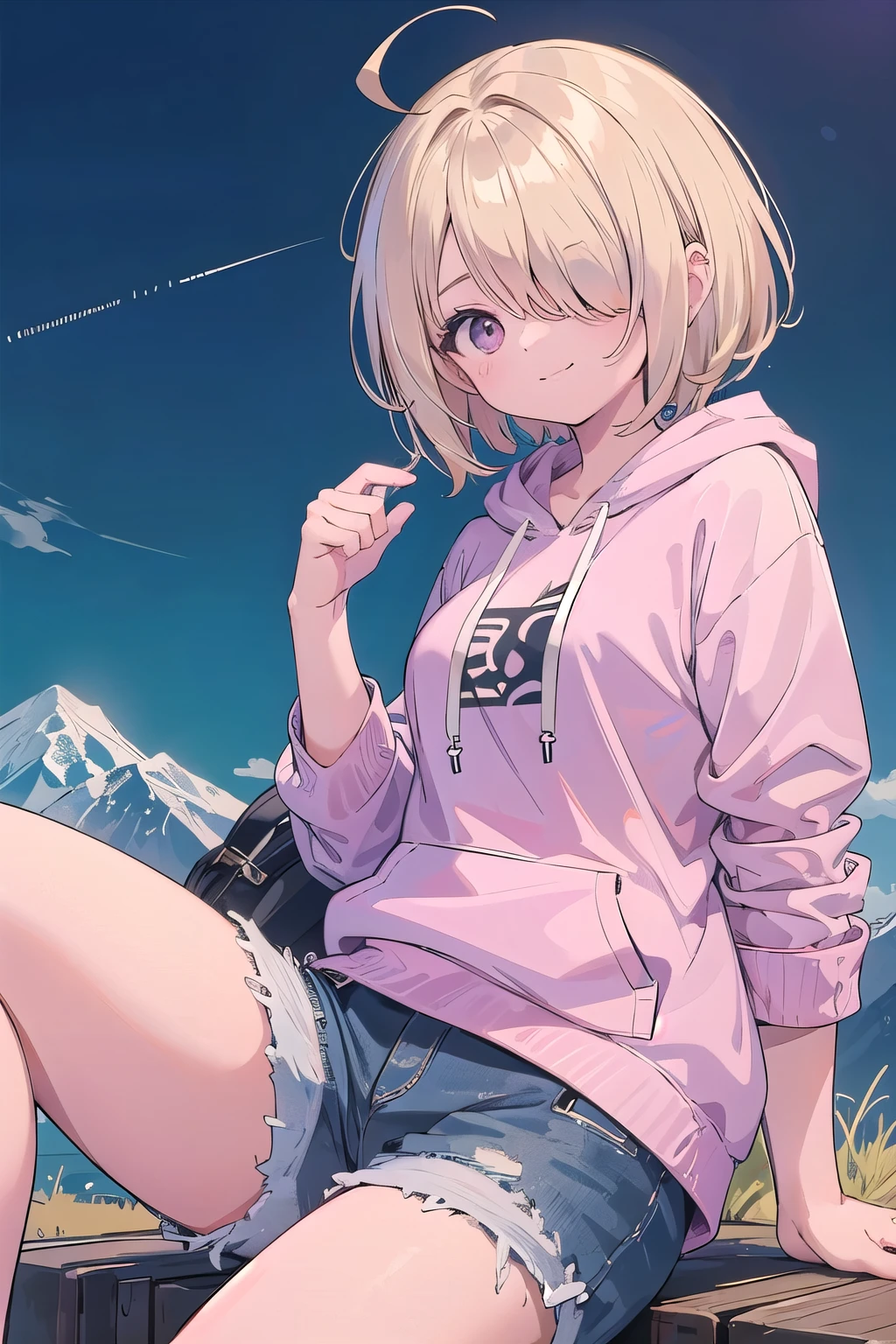 (masterpiece:1.2), (highest quality:1.2), perfect eyes, perfect face, perfect lighting, mountainous horizon, 1 boy,blonde　Upper body, big breasts　red eye, ((((((hair over one eye,)))))), a braid, spike hair, dull bangs, bob hair, Ahoge, cute eyes, Medium chest, , (((from below))), closed mouth, vivid description,orgasm, I was scared, Ahegao, smile+Happy, tooth, anger, From the side, She is wearing pink shorts with jeans textured lace, wears hoodie in yellow modern style fashion, sitting, arm behind back