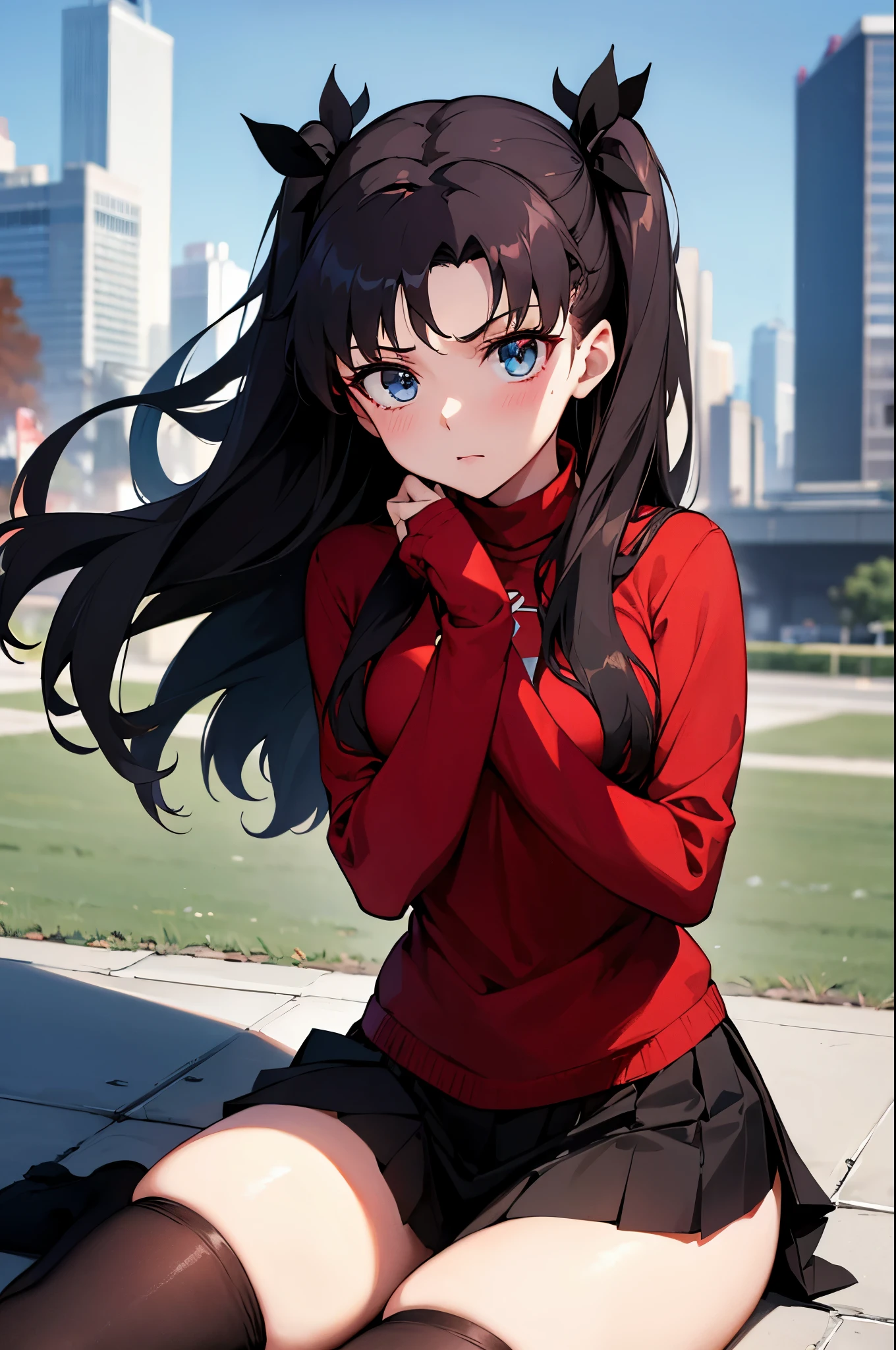 (masterpiece), best quality, expressive eyes, perfect face, 1girl, solo, rintohsaka, rin tohsaka, aqua eyes, black hair, hair ribbon, long hair, ribbon, sidelocks, two side up, black skirt, black thighhighs, long sleeves, miniskirt, pleated skirt, ((red sweater)), skirt, sweater, thighhighs, turtleneck, city background, sitting, character sheet, upper body, portrait, looking at viewer