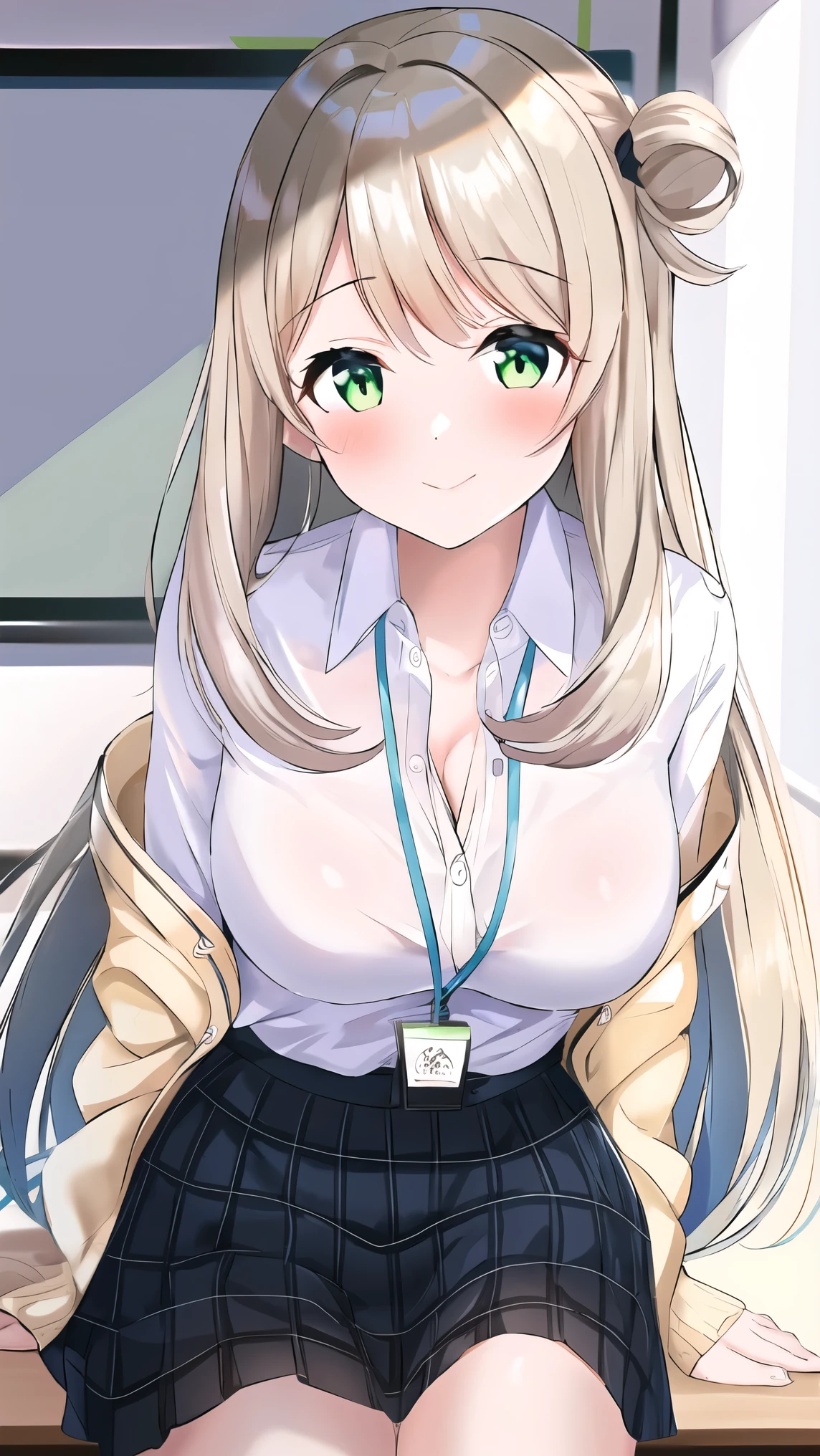 8k, (masterpiece, best quality), ultra detailed, nonomi, BREAK 1 girl, light green eyes, BREAK (long hair, Ivory hair:1.3), BREAK (white collar shirt, pleated skirt), BREAK Model pose, collarbone, desert, classroom,