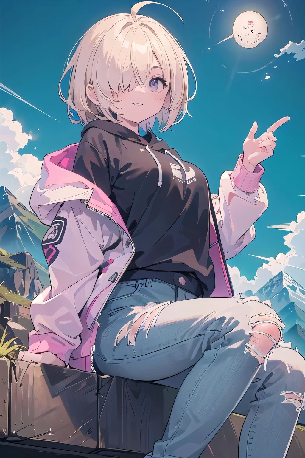 (masterpiece:1.2), (highest quality:1.2), perfect eyes, perfect face, perfect lighting, mountainous horizon, 1 boy,blonde Upper body, big breasts red eye, ((((((hair over one eye,)))))), a braid, spike hair, dull bangs, bob hair, Ahoge, cute eyes, Medium chest, , (((from below))), closed mouth, vivid description,orgasm, I was scared, Ahegao, smile+Happy, tooth, anger, From the side, She is wearing pink shorts with jeans textured lace, wears hoodie in yellow modern style fashion, sitting, arm behind back