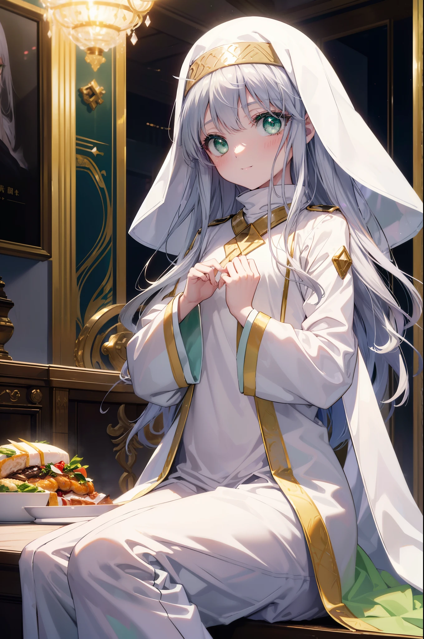 index, index, (green eyes:1.5), silver hair, long hair, (flat chest:1.2),blush,smile,
break habit, long sleeve, nun, robe, white robe, wide sleeve，There&#39;s a lot of food on the table,daytime,Light of the sun,
壊す looking at viewer,
destroy indoors, restaurant,viking destroy (masterpiece:1.2), highest quality, High resolution, unity 8k wallpaper, (figure:0.8), (detailed and beautiful eyes:1.6), highly detailed face, perfect lighting, Very detailed CG, (perfect hands, perfect anatomy),