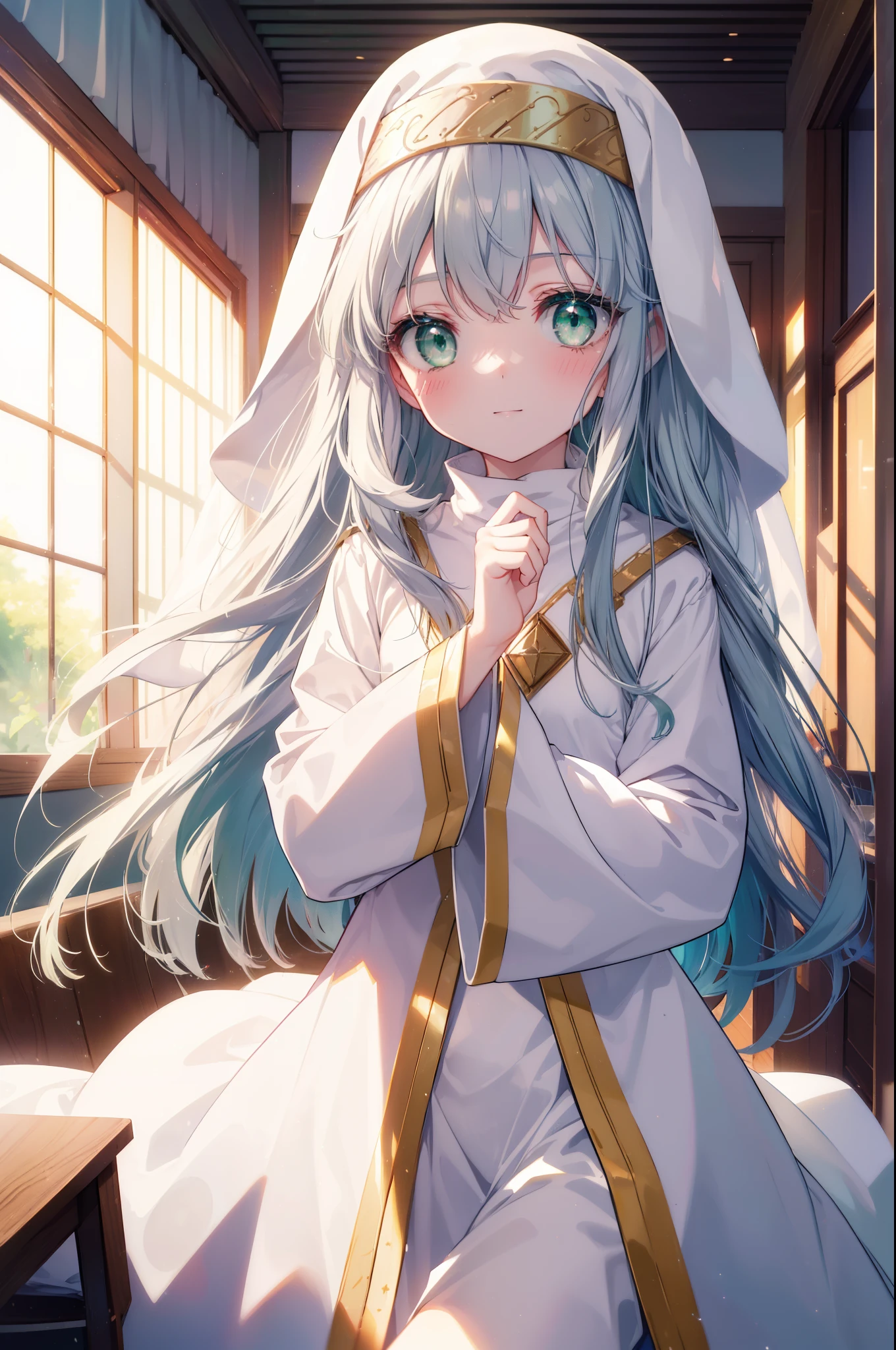 index, index, (green eyes:1.5), silver hair, long hair, (flat chest:1.2),blush,smile,
break habit, long sleeve, nun, robe, white robe, wide sleeve,There's a lot of food on the table,daytime,Light of the sun,
壊す looking at viewer,
destroy indoors, restaurant,viking destroy (masterpiece:1.2), highest quality, High resolution, unity 8k wallpaper, (figure:0.8), (detailed and beautiful eyes:1.6), highly detailed face, perfect lighting, Very detailed CG, (perfect hands, perfect anatomy),