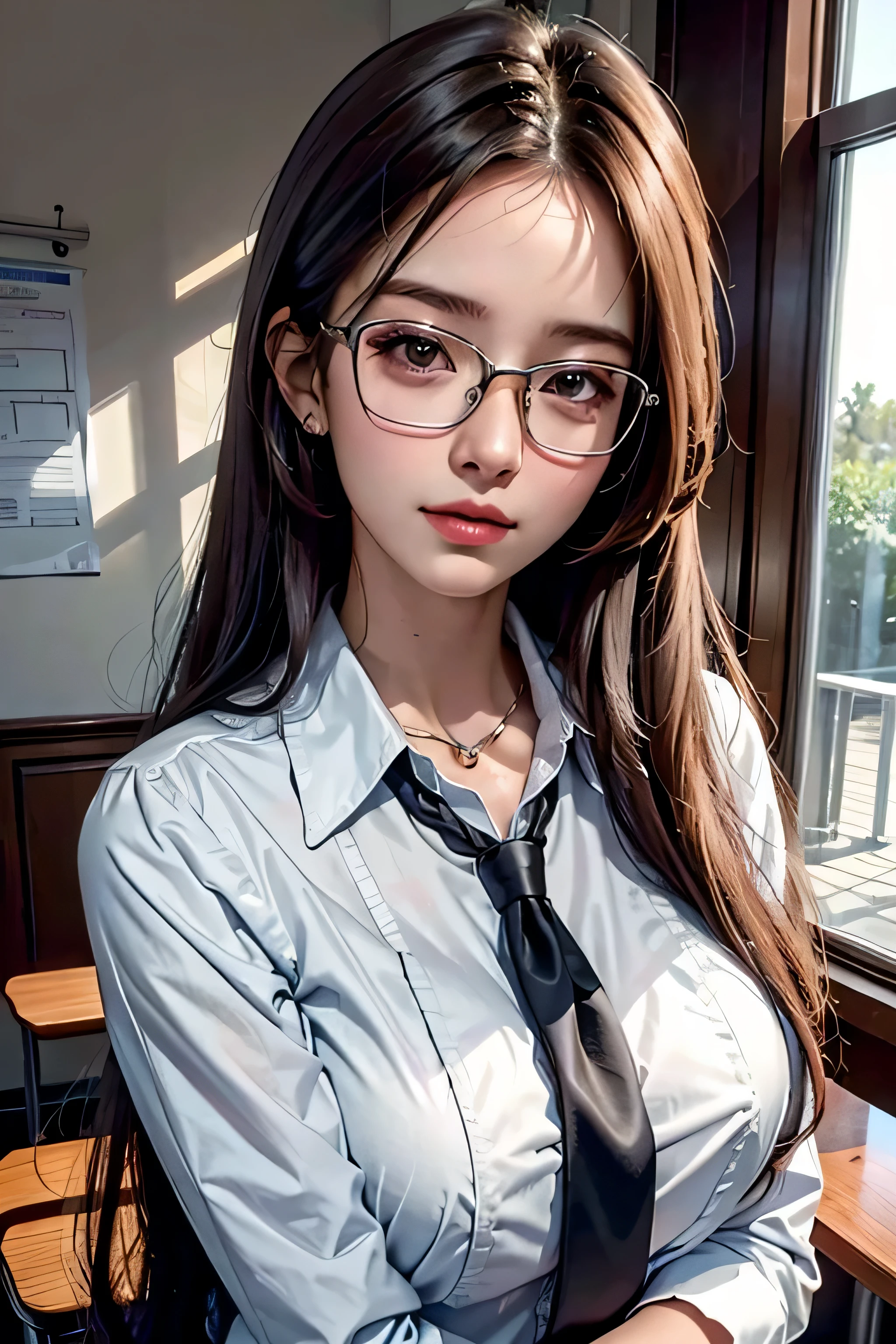 (1 girl:1.3), break, half body shot, Japanese, 17 year old supermodel, Chubby body type, plump, high school girl on the bus, (from side), (highest quality:1.4), 32K resolution, (realistic:1.5) , (Ultra-realistic:1.5), High resolution 32k UHD, (masterpiece:1.2)), (Improvement of quality:1.4), (very beautiful facial details), (Highest quality realistic skin texture:1.4), (perfect anatomy: 1.2), (Are standing:1.37), break, arms up, (((sexy , patterned ribbon tie, no bra, thin pink collared long sleeve shirt:1.15))), red plaid pleated skirt, break, Does not emphasize the bust top, ((on the bus)), precise fingers, Super detailed, symmetrical eyes, view audience,natural makeup, ((A good eye for quality:1.2)), (tired, sleepy and satisfied:0.0), (fine lips :1.33), (fine nose:1.2), ((Physically based rendering of the background:1.37)), curvy:1.2, large breasts erect nipples), (heavy chest:1.1, plump lower body), brown hair, (layered hair: 1.37), Anxious face, Gentle light hits your face and body, epic and emotional movie lighting,((eye glasses))