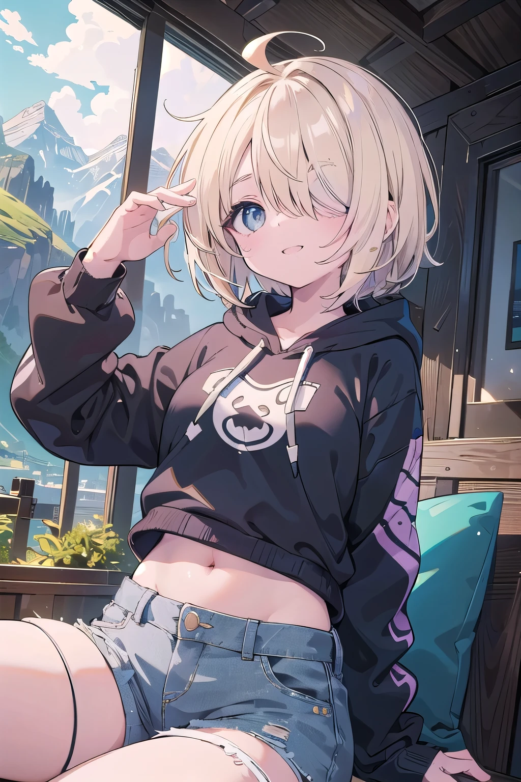 (masterpiece:1.2), (highest quality:1.2), perfect eyes, perfect face, perfect lighting, mountainous horizon, 1 boy,blonde Upper body, big breasts aqua eye, ((((((hair over one eye,)))))), a braid, spike hair, dull bangs, bob hair, Ahoge, cute eyes, Medium chest, , (((from below))), closed mouth, vivid description,orgasm, I was scared, Ahegao, smile+Happy, tooth, anger, From the side, She is wearing pink shorts with jeans textured lace, wears hoodie in yellow modern style fashion, sitting, arm behind back