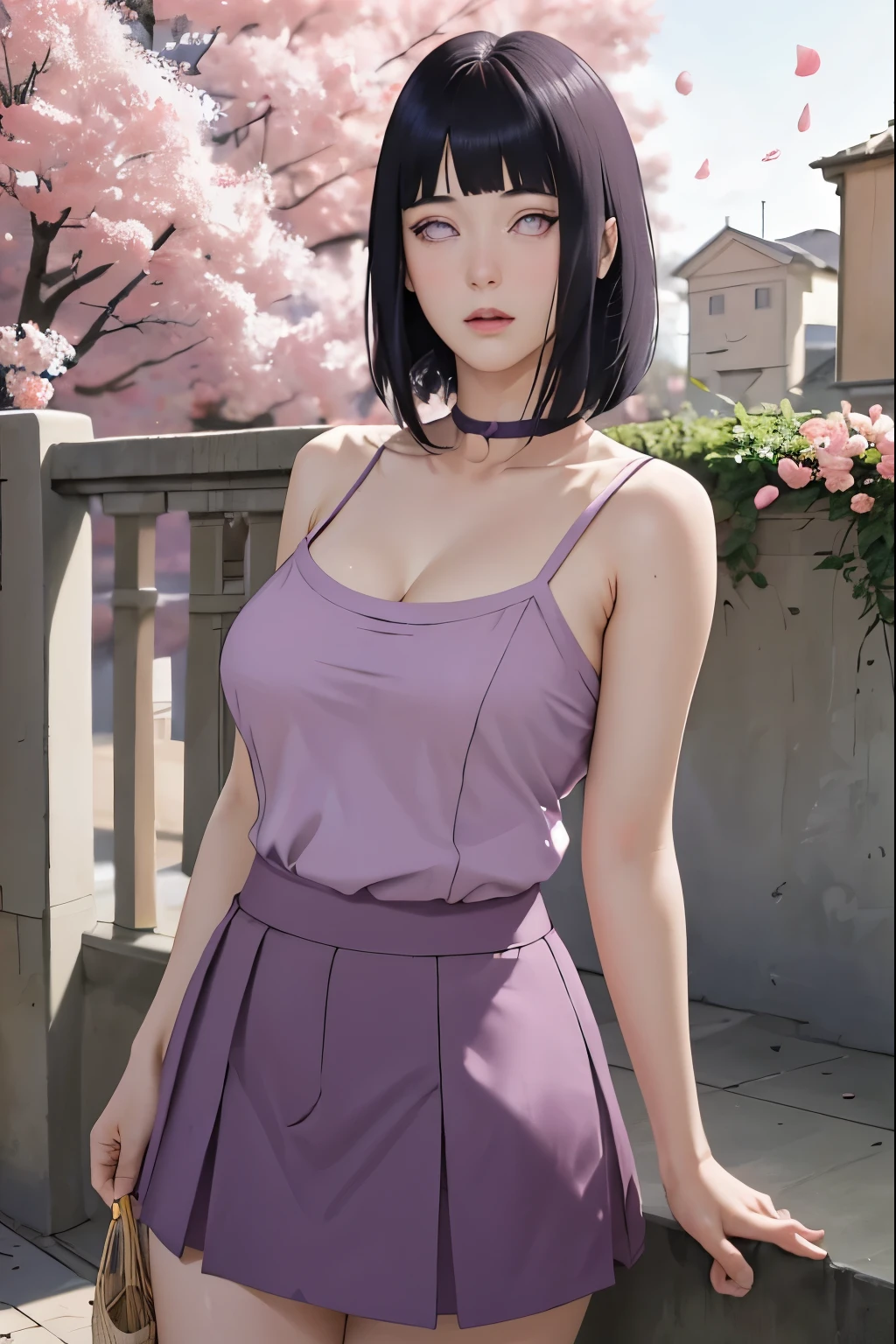 masterpiece, absurdres, hinata, 1girl, solo,mature female, spaghetti strap square neck, high waist short skirt, looking at viewer, (falling petals), perfect composition, detailed lips, big breast, beautiful face, body propotion, blush, (pink lips), long hair, purple eyes, soft gaze, super realistic, detailed, photoshoot, realistic face and body,