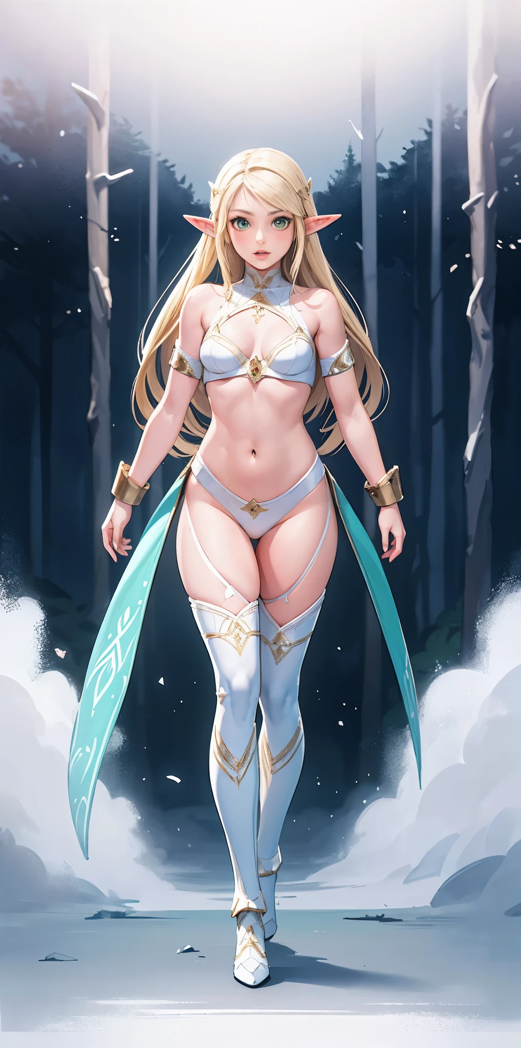 (masterpiece, best quality), (full body:1.6), standing (small fighting elven 1girl:1.6),(magical),(cute,adorable:1.3),blonde hair, green eyes, medium breast, beautiful, detailed, enchanted breastplate with precious gemstones, white thigh-high greaves, seductive pose, in a forest, magic flora, detailed face and eyes, volumetric light,(ultra quality skin:1.7),
