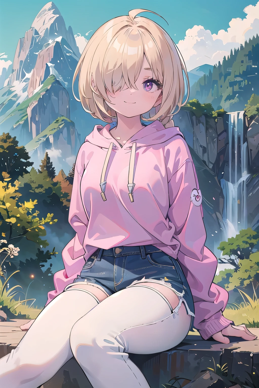 (masterpiece:1.2), (highest quality:1.2), perfect eyes, perfect face, perfect lighting, mountainous horizon, 1 boy,blonde　Upper body, big breasts　red eye, ((((((hair over one eye,)))))), a braid, spike hair, dull bangs, bob hair, Ahoge, cute eyes, Medium chest, , (((from below))), closed mouth, vivid description,orgasm, I was scared, Ahegao, smile+Happy, tooth, anger, From the side, She is wearing pink shorts with jeans textured lace, wears hoodie in yellow modern style fashion, sitting, arms behind back