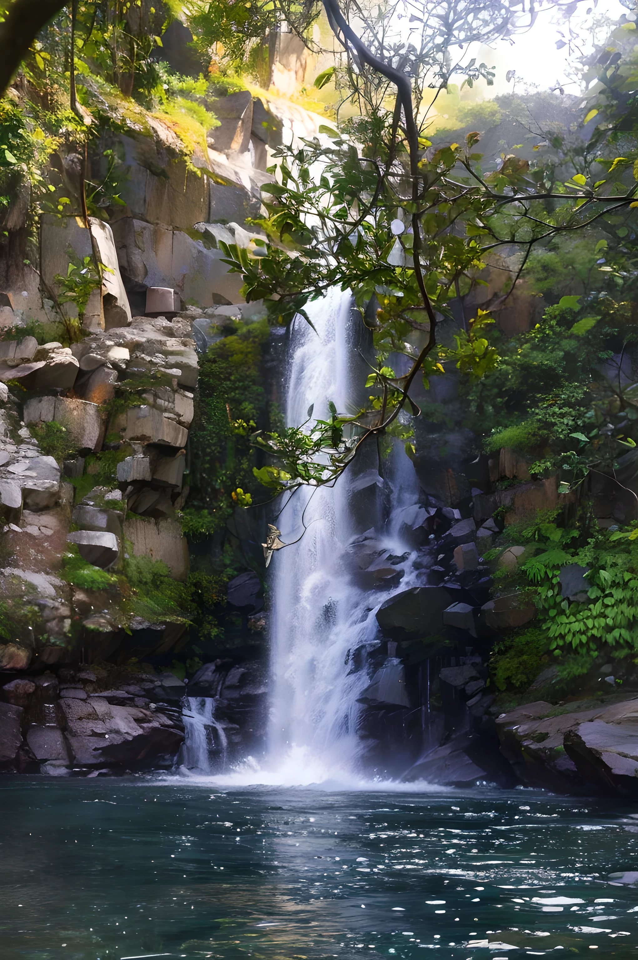 High detail, 8K, ultra HD, high quality, Anime studio, create a image relistict, best lighting , waterfall beautifull, perfect light, Daylight, Foggy blur, dreamer color,