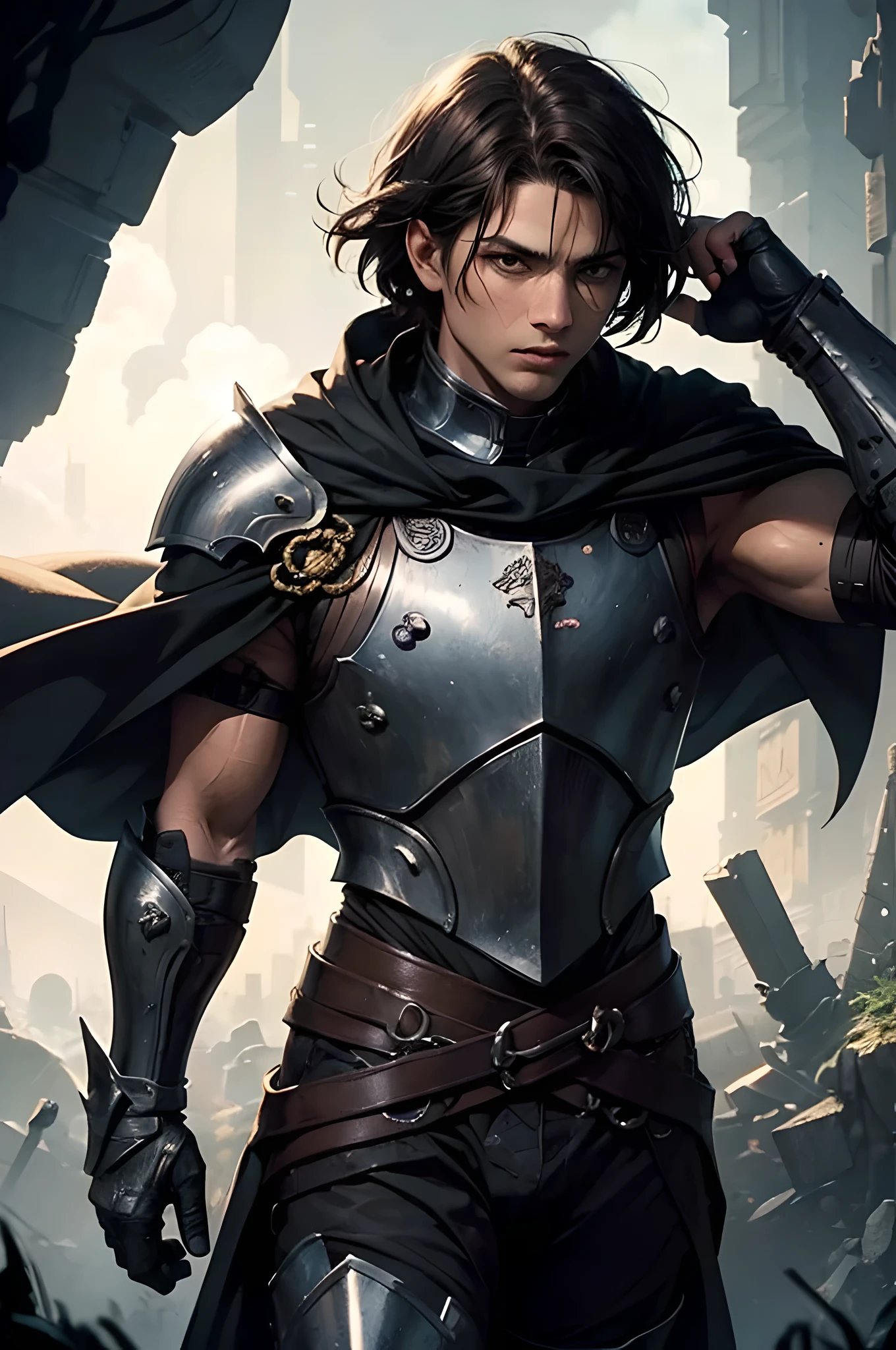 High resolution, highest quality, super detail, (detailed face) (detailed masterpiece), best quality, sad eyes, perfect face, 1 man, solo, very short hair, black eyes, brown hair, hunk body, knight, fancy armor, rage old cape, dark scary cave, dark theme, soft lighting, bare knee shot,