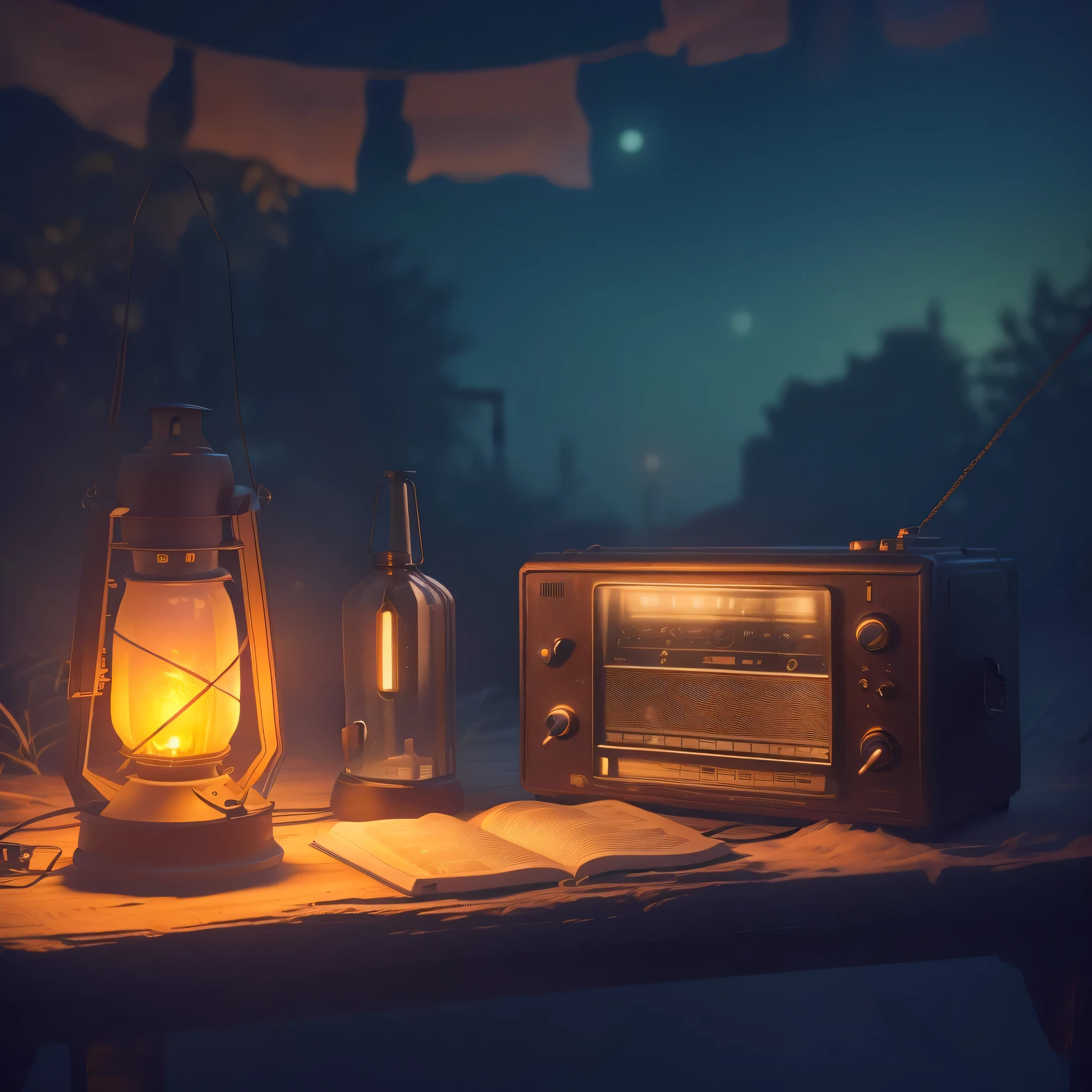 There is a lantern, radio, and a bottle on the table, background artwork, Beautiful octane rendering, Comfortable and atmospheric, atmosphere at night, Atmospheric rendering, cozy atmosphere, everyday rendering, relaxing atmosphere, Night rendering, Detailed scene, calm night. digital illustration, artistic rendering, nightlight study, Octane rendering aesthetics, Rendered in Octane Render, Photorealistic rendering in Octane,Hyper-realistic photos
