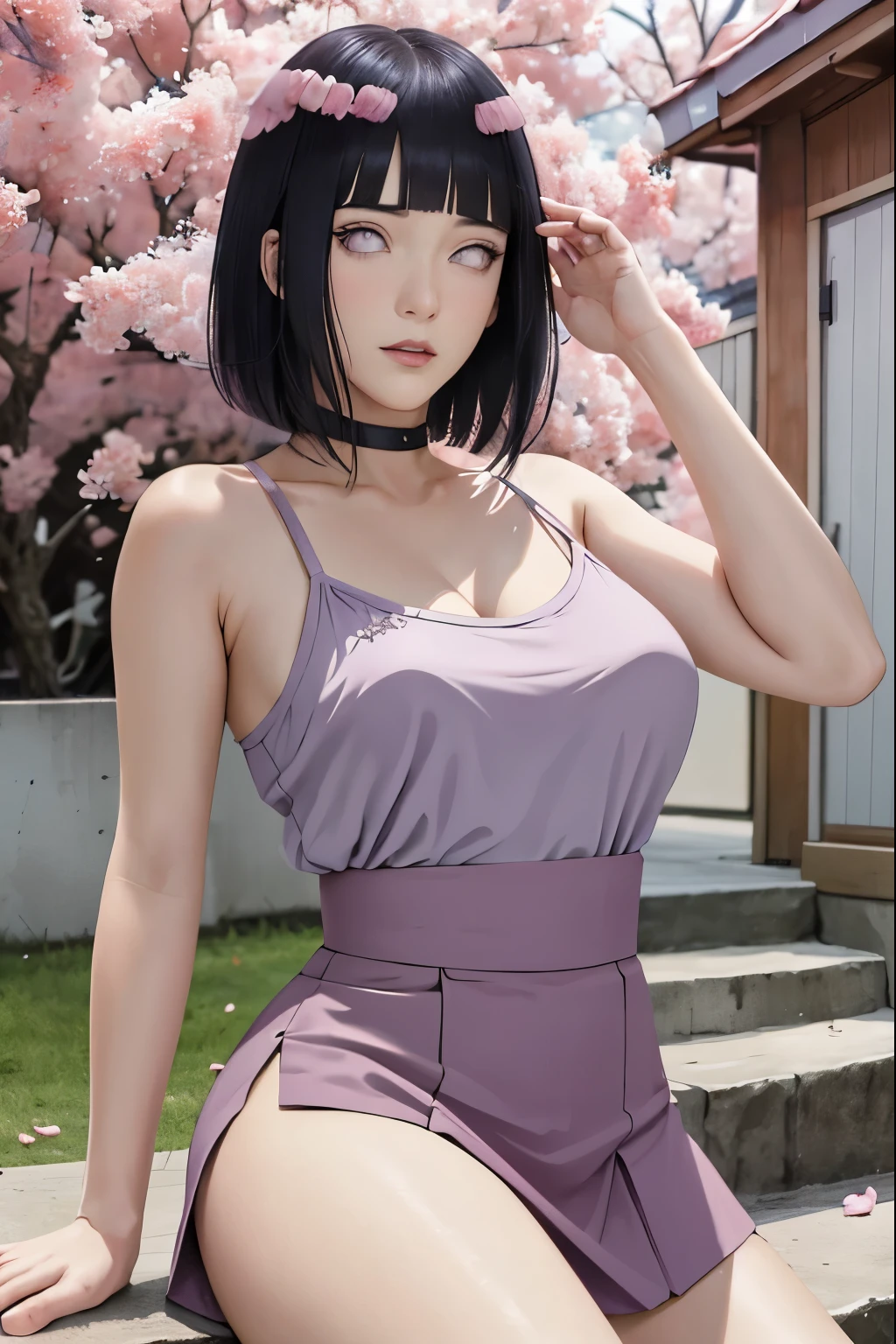 masterpiece, absurdres, hinata\(boruto\), 1girl, solo,mature female, spaghetti strap square neck, high waist short skirt, looking at viewer, (falling petals), perfect composition, detailed lips, voluptuous, beautiful face, body propotion, blush, (pink lips), long hair, purple eyes, soft gaze, super realistic, detailed, photoshoot, realistic face and body,