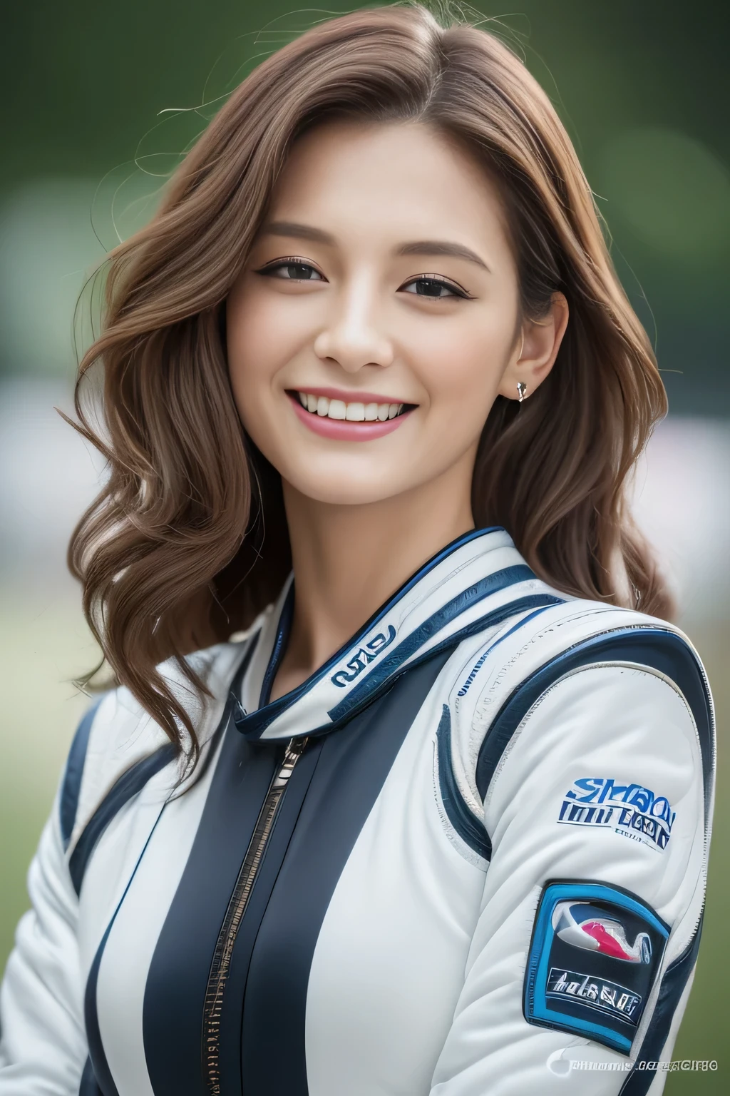 ((highest quality、8k、masterpiece:1.3))、sharp:1.2、perfect body beauty:1.4、slim abs:1.2、big、((racing suit:1.3))、(circuit:1.2)、beautiful face、wavy hair、Highly detailed face and skin texture、detailed eye、double eyelid、looking at camera、laughter