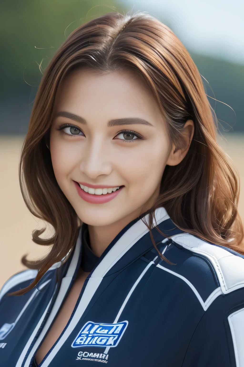 ((highest quality、8k、masterpiece:1.3))、sharp:1.2、perfect body beauty:1.4、slim abs:1.2、big、((racing suit:1.3))、(circuit:1.2)、beautiful face、wavy hair、Highly detailed face and skin texture、detailed eye、double eyelid、looking at camera、laughter