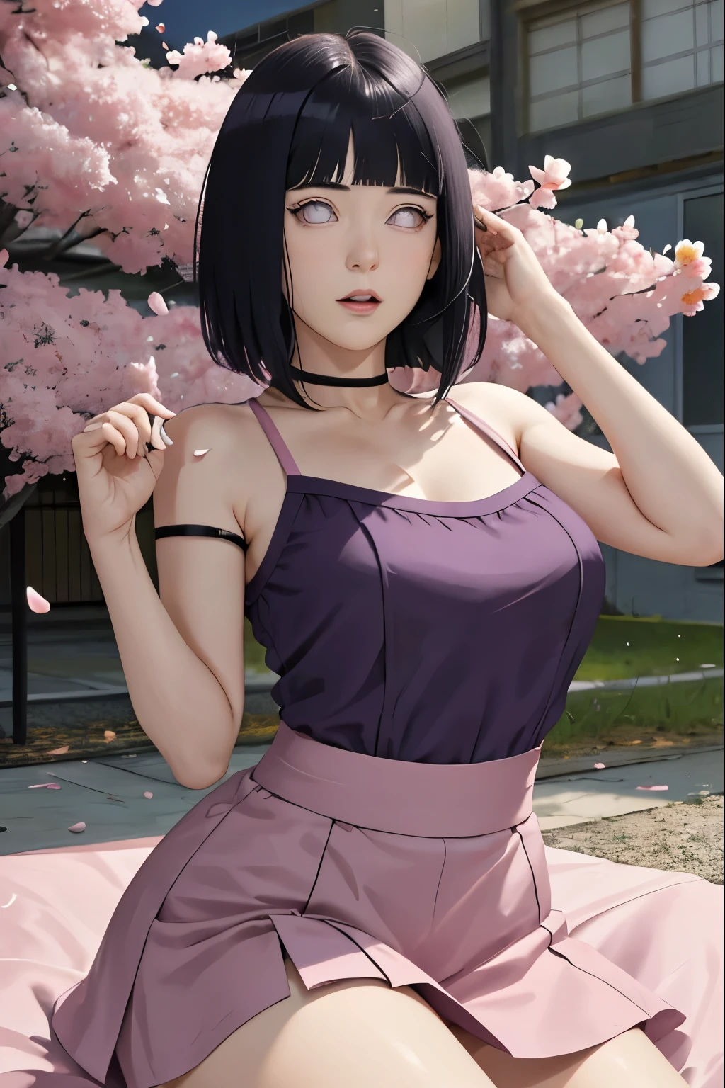 masterpiece, absurdres, hinata\(boruto\), 1girl, solo,mature female, spaghetti strap square neck, high waist short skirt, looking at viewer, (falling petals), perfect composition, detailed lips, voluptuous, beautiful face, body propotion, blush, (pink lips), long hair, purple eyes, soft gaze, super realistic, detailed, photoshoot, realistic face and body,