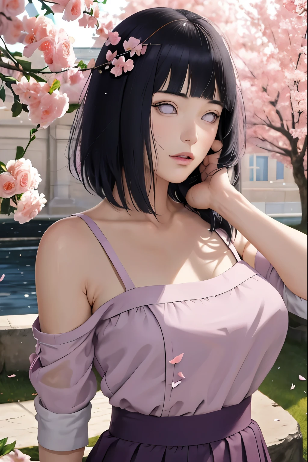 masterpiece, absurdres, hinata\(boruto\), 1girl, solo,mature female, spaghetti strap square neck, high waist short skirt, looking at viewer, (falling petals), perfect composition, detailed lips, voluptuous, beautiful face, body propotion, blush, (pink lips), long hair, purple eyes, soft gaze, super realistic, detailed, photoshoot, realistic face and body,