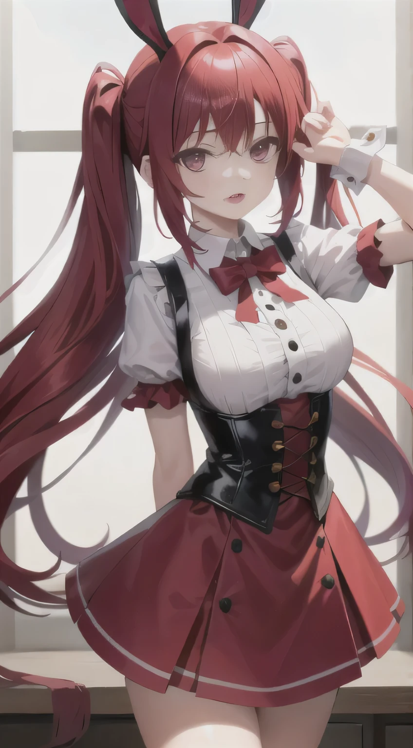 Outrageous solo red-haired girl, best quality portrayed, wearing a red corset with bunny ears and a gakuran, adorned with aprons and red neck ribbons. Her long hair cascades down her back, and her captivating purple eyes shine brightly. The intricate detail of her hair bow, short sleeves, and wrist cuffs are accentuated by the soft lighting. Her white thighs are highlighted in contrast, and jingle bells accompany her playful demeanor. Her big expression adds to the whimsical charm of this highly detailed, art station-trending piece.
