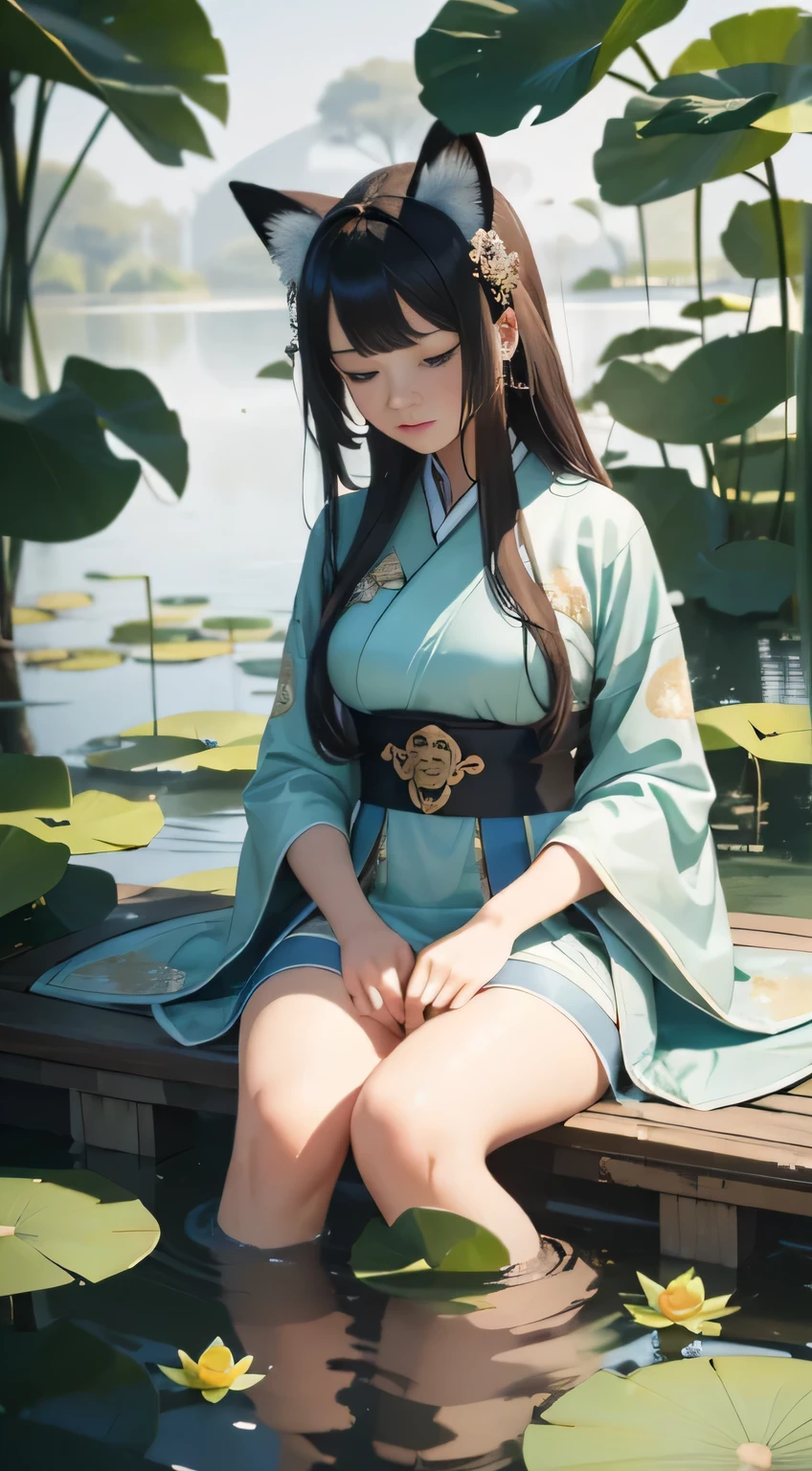 Masterpiece, ultra high resolution, absurddetails,
sitting quietly,
1 girl with enchanting figure (1.3),
hand-drawn with simple lines,
16-year-old in vibrant Chinese Hanfu attire,
sexily adorned with fox ears,
beside the serene lotus pond,
surrounded by intricate water lily patterns,
floating clothes and flowing hair,
stunningly beautiful and captivating.

(Additional elements for a more engaging image: sunlight filtering through the lotus leaves, gentle breeze causing ripples in the water, colorful butterflies fluttering around, lot