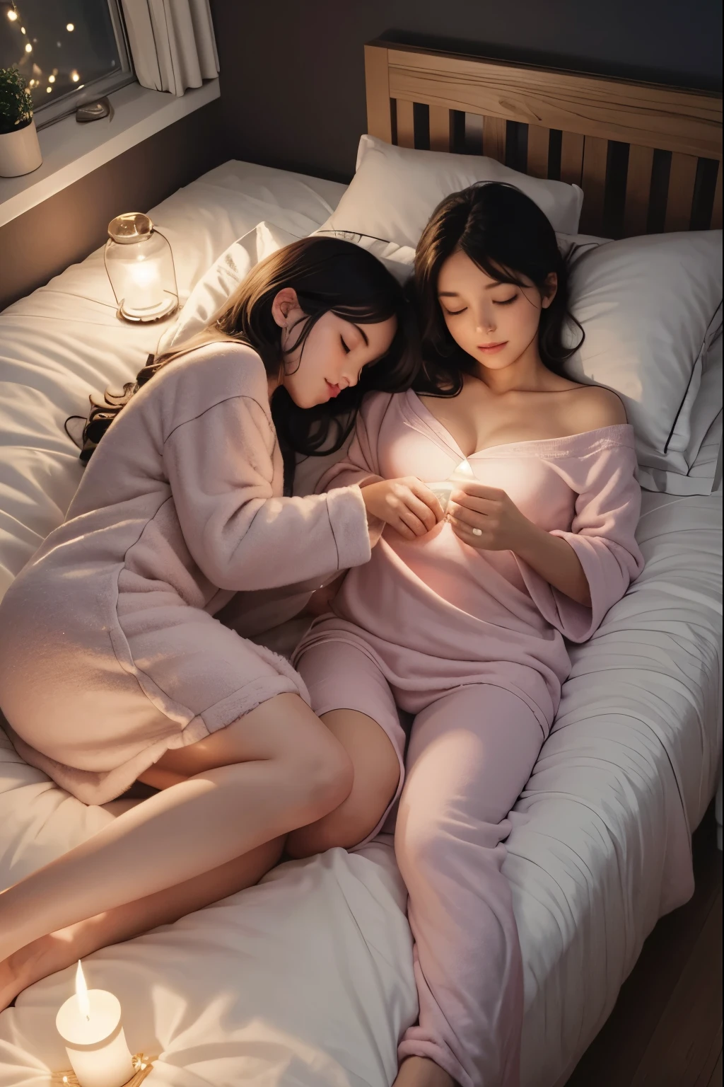 2girls,going to bed,comfortable pajamas,soft blankets,sweet dreams,peaceful sleep,warm room,gentle lighting,bedside table,nighttime routine,calm atmosphere,(best quality,highres),cozy bedroom,relaxing ambiance,bedtime preparations,quiet environment,plush pillows,warmth and comfort,serene dreams,tranquil evening,restful slumber,bedtime companions,tucked-in blankets,unwinding before sleep,serenity and relaxation,whispered goodnight,thoughtful conversations,bedside lamps,giggles and laughter,dreamy atmosphere,nighttime storytelling,favorite stuffed animals,dreamy-eyed girls,lullabies and melodies,snuggled up,peaceful goodnight,warm and fuzzy feelings,bedroom decorations,slumber party vibes,joyful bedtime