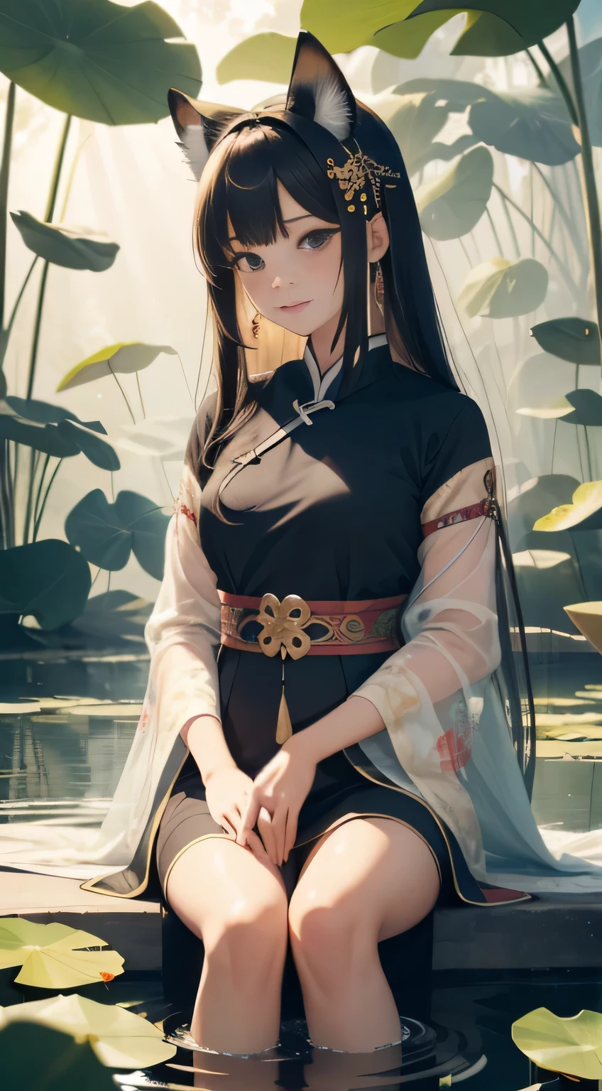 Masterpiece, ultra high resolution, absurddetails,
sitting quietly,
1 girl with enchanting figure (1.3),
hand-drawn with simple lines,
16-year-old in vibrant Chinese Hanfu attire,
sexily adorned with fox ears,
beside the serene lotus pond,
surrounded by intricate water lily patterns,
floating clothes and flowing hair,
stunningly beautiful and captivating.

(Additional elements for a more engaging image: sunlight filtering through the lotus leaves, gentle breeze causing ripples in the water, colorful butterflies fluttering around, lot
