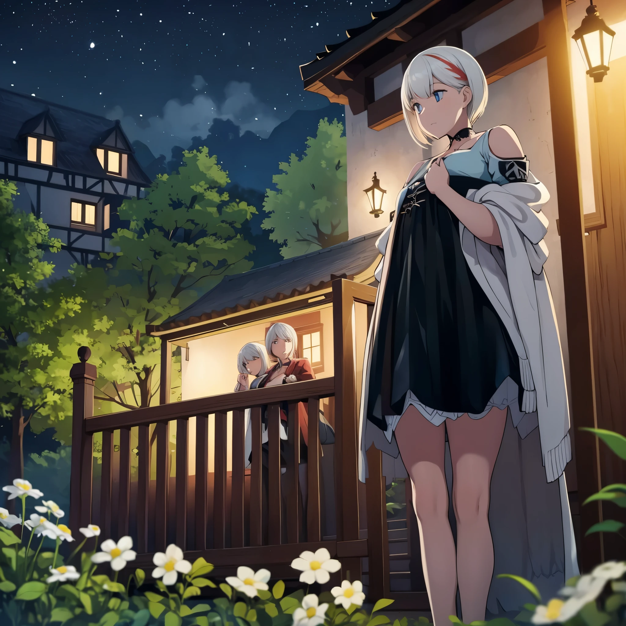 a woman outside a German house in a garden at night