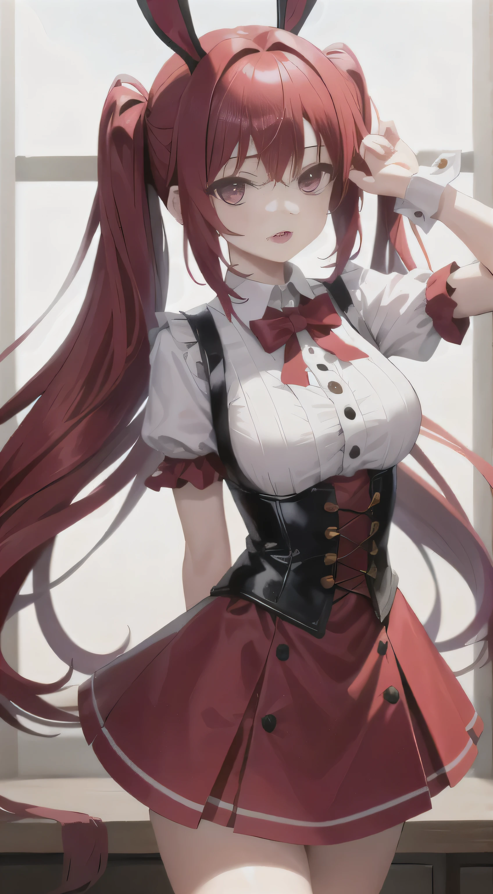 Outrageous solo red-haired girl, best quality portrayed, wearing a red corset with bunny ears and a gakuran, adorned with aprons and red neck ribbons. Her long hair cascades down her back, and her captivating purple eyes shine brightly. The intricate detail of her hair bow, short sleeves, and wrist cuffs are accentuated by the soft lighting. Her white thighs are highlighted in contrast, and jingle bells accompany her playful demeanor. Her big expression adds to the whimsical charm of this highly detailed, art station-trending piece.