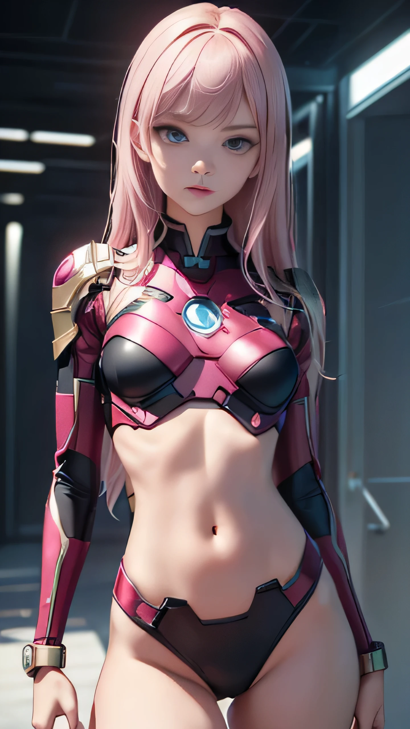 ((masterpiece, 8K, 3D, Realistic, Super Detail)), (1girl:1.3), slender 17 age, Ultra Micro photography, Super realistic, Perfect face, Beautiful features, ((Perfect female body)) Beautiful features, ( body), ((small hip)), Lisa Blackpink as Pink as ironman ((Exposed thigh)), Exposed Skin, Front Full body Shot, full body portrait, futuristic city background
