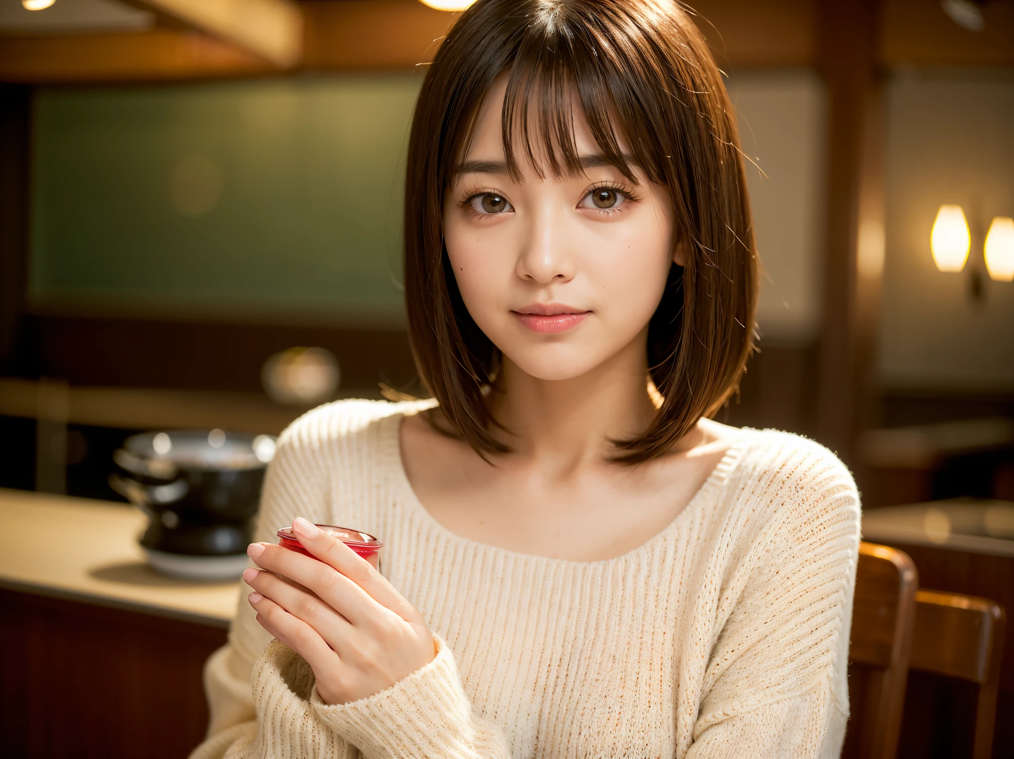super high quality, Short Hair, Slender, Gravure photoshoot, The staff is working at the counter in the back., (8k、RAW Photos、highest quality、masterpiece:1.2), Japanese Idol, Shaggy, Sportswear, Stylish café, (Realistic、Photorealistic:1.37), Mesh Hair, Normal chest, Urban Cafe, Golden Ratio, Raw photo, Cute face , Light Brown Hair, Bright cafe interior, Blurred Background, Spring Clothes, A sweet expression, Watching the audience, Beautiful hairstyle, 20-year-old, Hair blowing in the wind, Neat clothes, 

