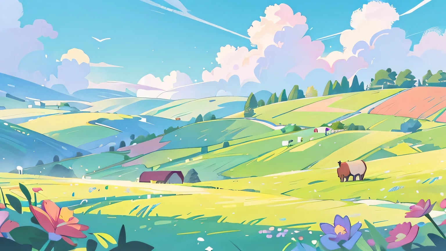 rural area, site, grassland, crop sites, A variety of flowers and plants, ((farmer)), masterpiece, best quality, sharp focus, intricate details, perfect, golden ratio composition, 8k resolution, high resolution, beautiful, beautiful sky, Vibrant pastel colors, bright colors