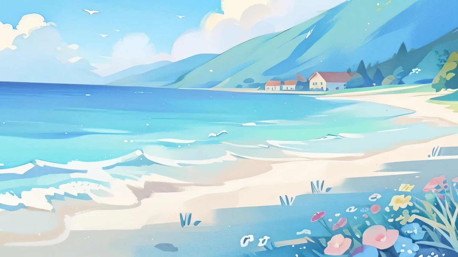 Ocean fantasy watercolor illustration, bright colors, swallow,willow, (masterpiece, best quality, fine details), Highly detailed environment