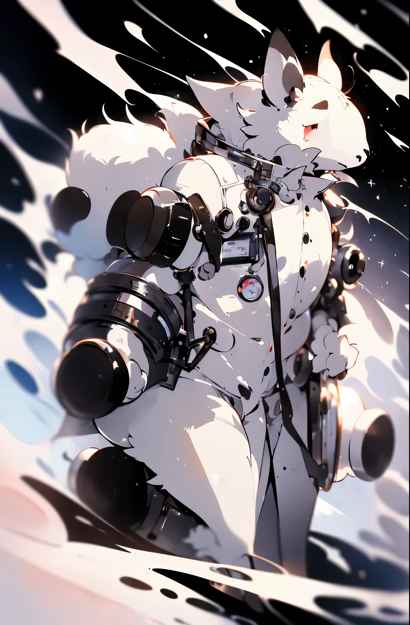 anthropomorphic white rat with a height of 1.70 meters, slender build, furry black/white hair, and sad eyes. This character seems to have a poignant demeanor, perhaps carrying a sense of melancholy or depth to their personality. RAT FURRY. The anthropomorphic rat has large and voluminous white hair, adding to its distinctive appearance. The anthropomorphic rat wears technological clothing that exposes the furry paws, blending a mix of futuristic attire with the natural furry elements of its body. Details of smoke passing in an explosive effect as if the explosion is coming from in front of him. The anthropomorphic rat has brown eyes with dark circles underneath, conveying a sense of weariness or fatigue.