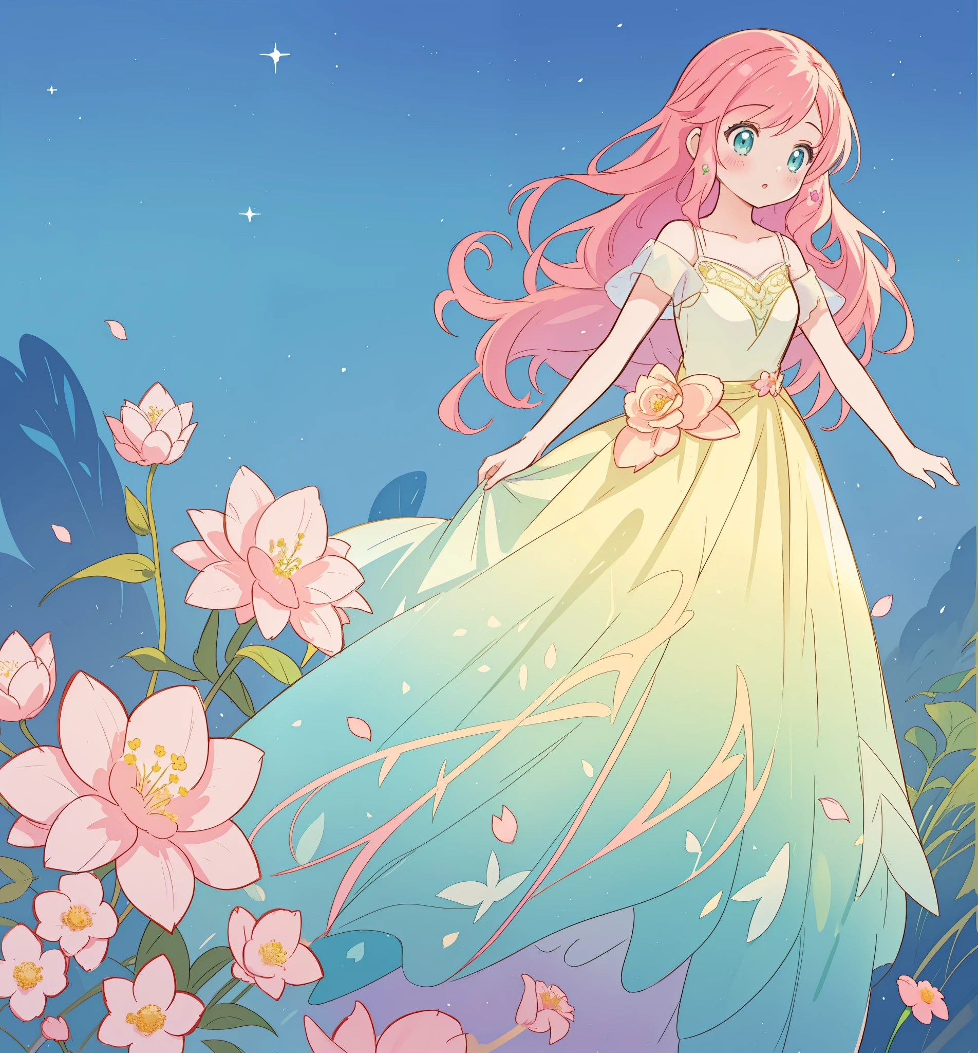 beautiful girl in yellow mint gradient flowing ballgown, otherworldly round pink flowers, whimsical landscape, long pink flowing hair, watercolor illustration, inspired by Glen Keane, inspired by Lois van Baarle, disney art style, by Lois van Baarle, by Glen Keane, jen bartel, digital painting, beautiful digital illustration, fantasia otherworldly landscape plants flowers, beautiful, masterpiece, best quality, anime disney style