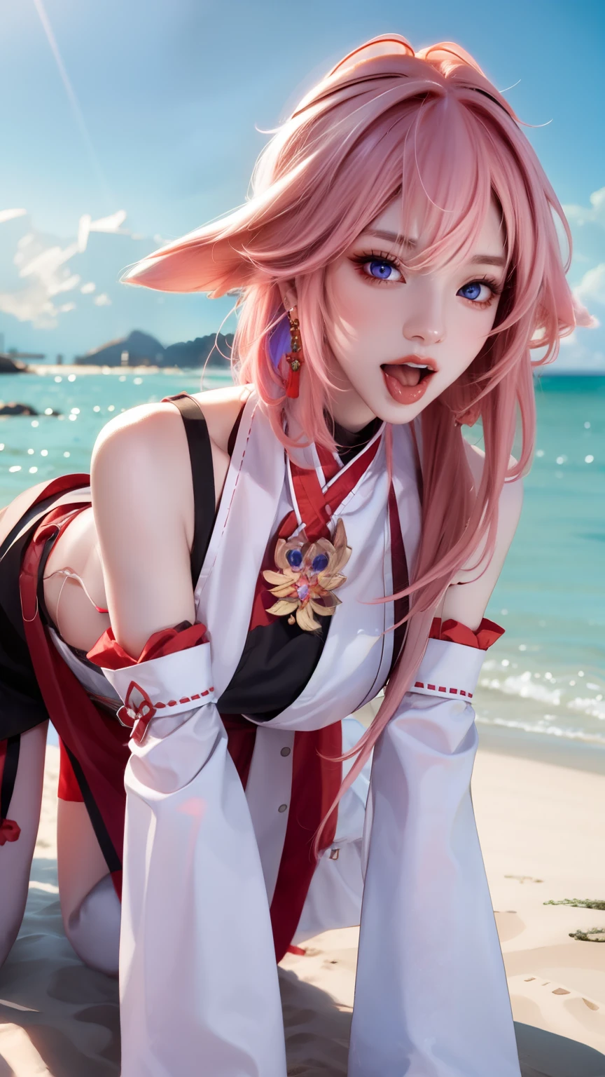 best quality, ultra high resolution, (lifelike:1.4), (Detail of beautiful girl:1.4), (big breasts:0.8), watching_exist_audience, Detailed facial details, Beautiful and delicate eyes, (blue|pink hair), purple eyes, thin and long, Smile, (cosmetics:0.4), red lips, (whole body, sitting, beach), Very detailed clothes, Black suspenders,跪exist沙滩上,on all fours,open mouth,Sticking out tongue(ulzzang-6500-v1.1:0.3)