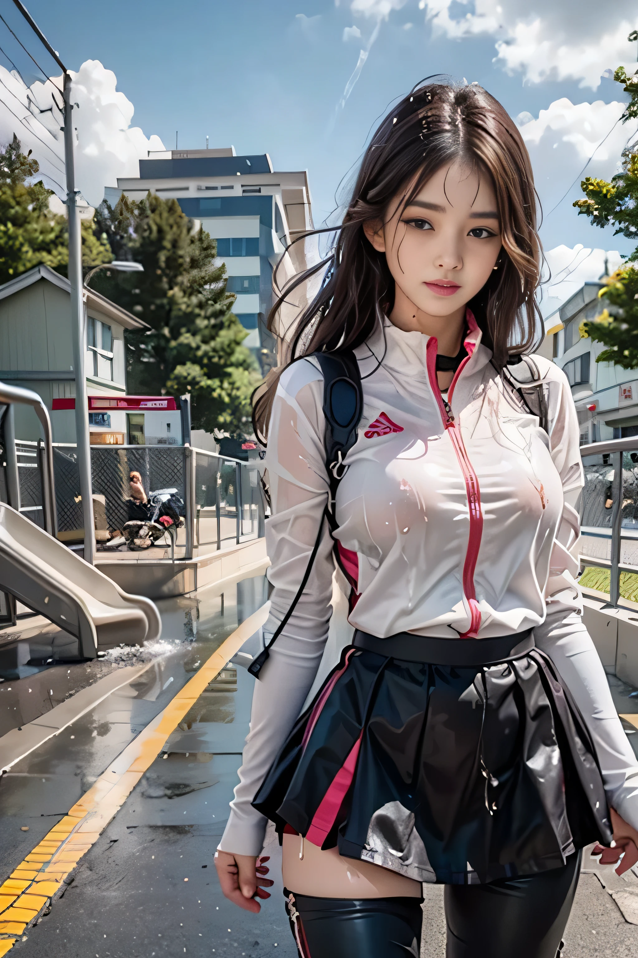 realistic, High resolution, soft light,1 female, alone, waist rises high, (detailed face),tattoo, jewelry, ((school playground))，(((Woman on the podium))，((Wear a wet white jacket))、（(Black Wet Flared Skirt))，Biggest，chest is low, ((Wet black hair long straight)）、((Panty shot)）、（(mix４)）、((exterior)）、((I can see colored pants)）、((color々colorのついた髪)）、((she is soaking wet))、(())、