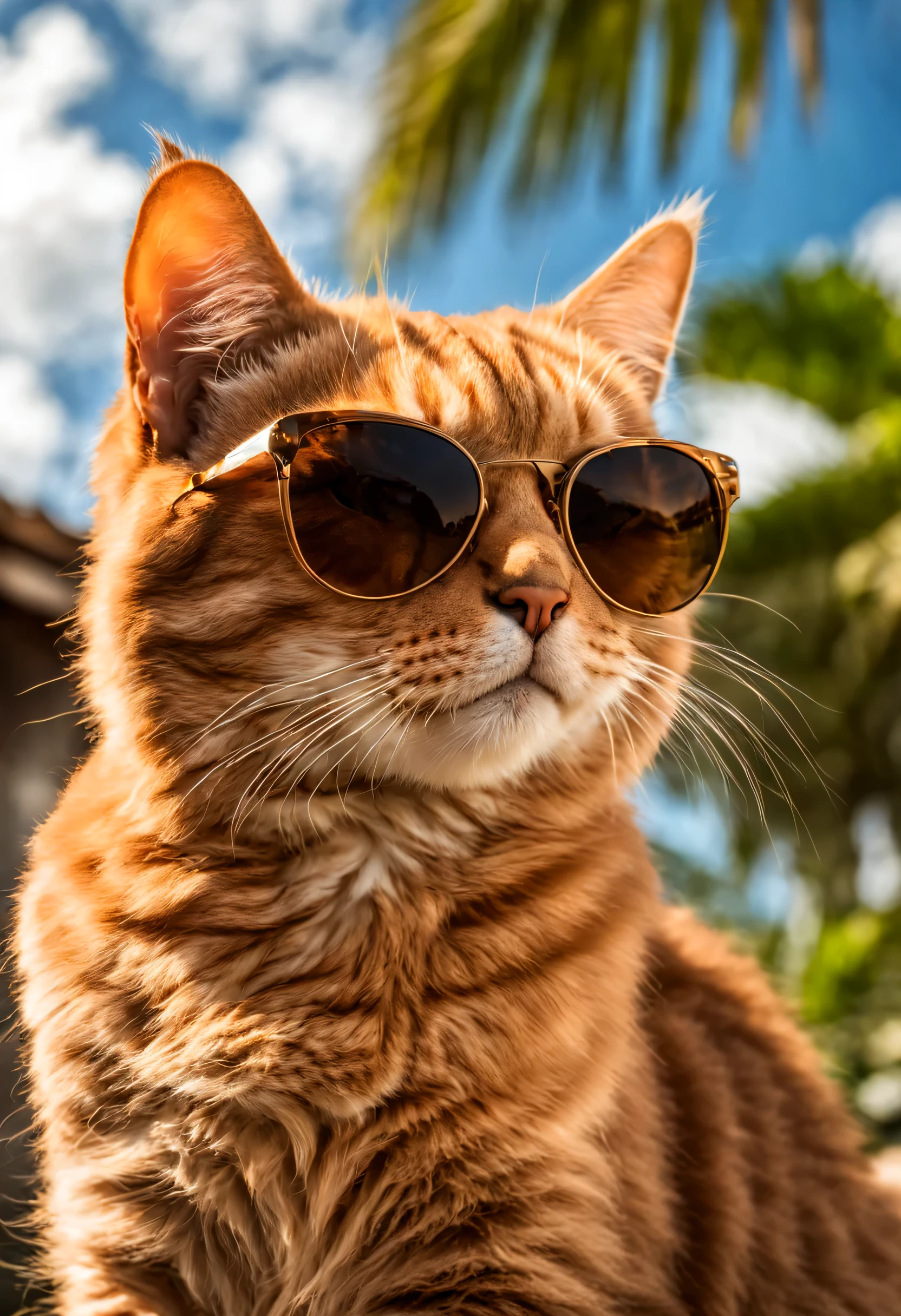 super detailed photo of cat wearing sunglasses under tropical sky, Brown cat,The hair on the body is shiny,daytime,|photographic, Realism taken to extremes, fine texture, Extremely true, Work, large format camera, photorealism, SLR camera, 8K Ultra HD, high dynamic range, super detailed, high quality, high contrast