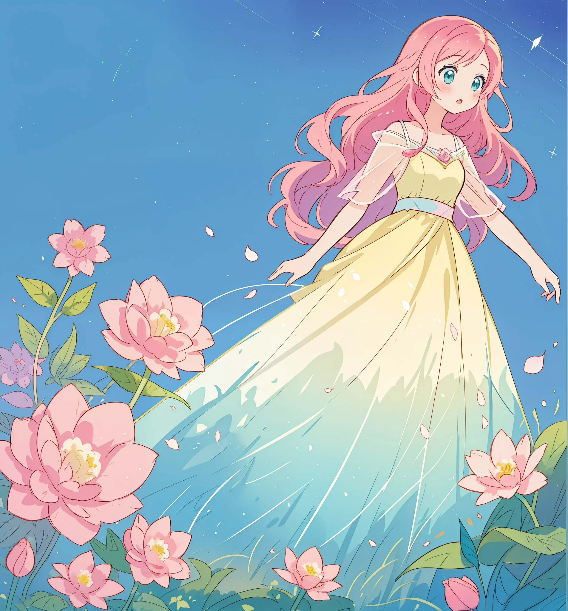 beautiful girl in yellow mint gradient flowing ballgown, otherworldly round pink flowers, whimsical landscape, long pink flowing hair, watercolor illustration, inspired by Glen Keane, inspired by Lois van Baarle, disney art style, by Lois van Baarle, by Glen Keane, jen bartel, digital painting, beautiful digital illustration, fantasia otherworldly landscape plants flowers, beautiful, masterpiece, best quality, anime disney style