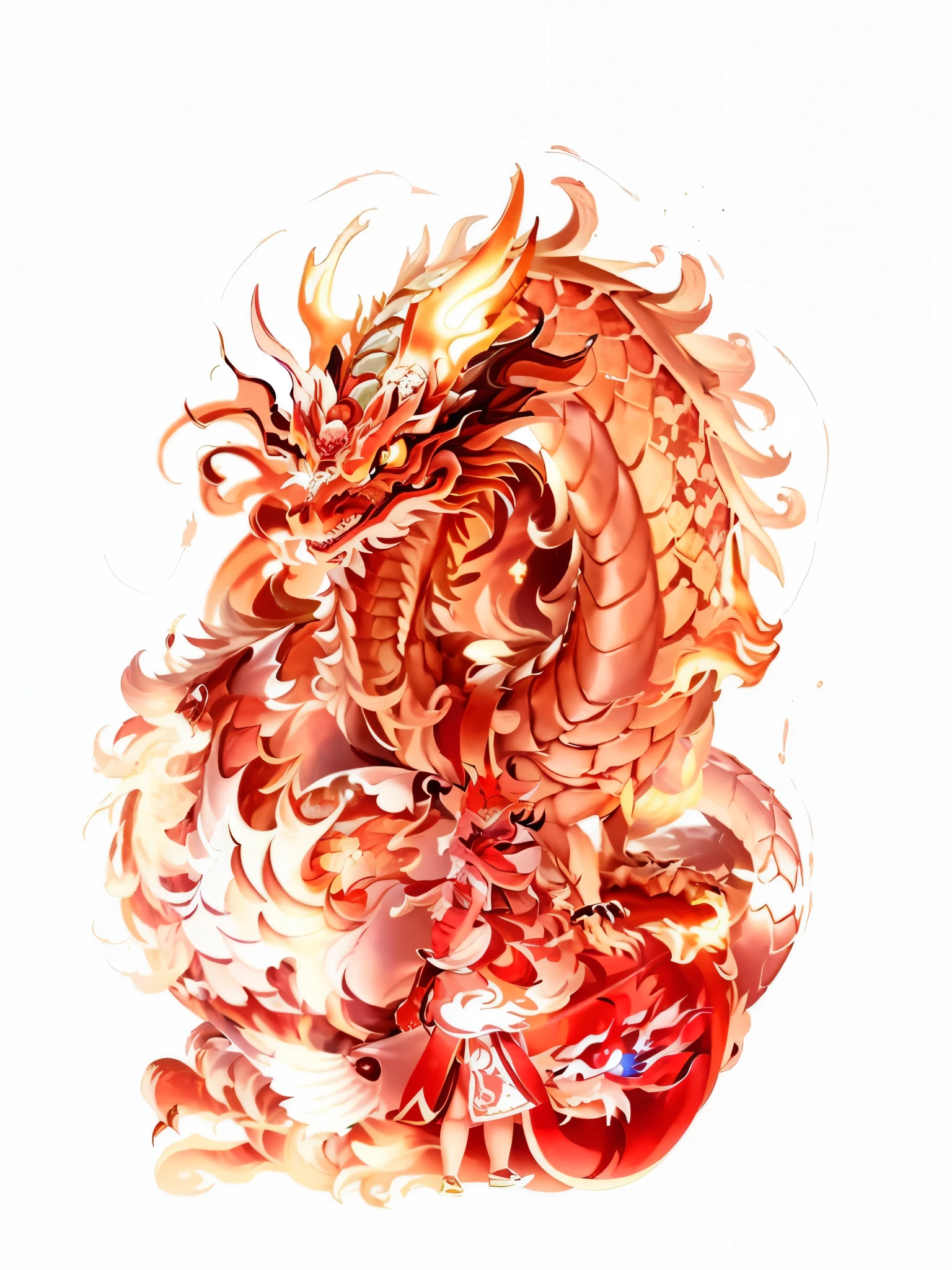 There is a red, white and green collared dragon statue, green body,clear edges,(fire), Shui Mo Hua, dragon, author:Yang Jie, Inspired by Puhua, smooth Chinese dragon, as an anthropomorphic dragon, Chinese dragon, 9k, 2 days, two-dimensional, 9K, Humanity, Cute little dragon, qiangshu, by Yan Hui, sticker style,clear edges,