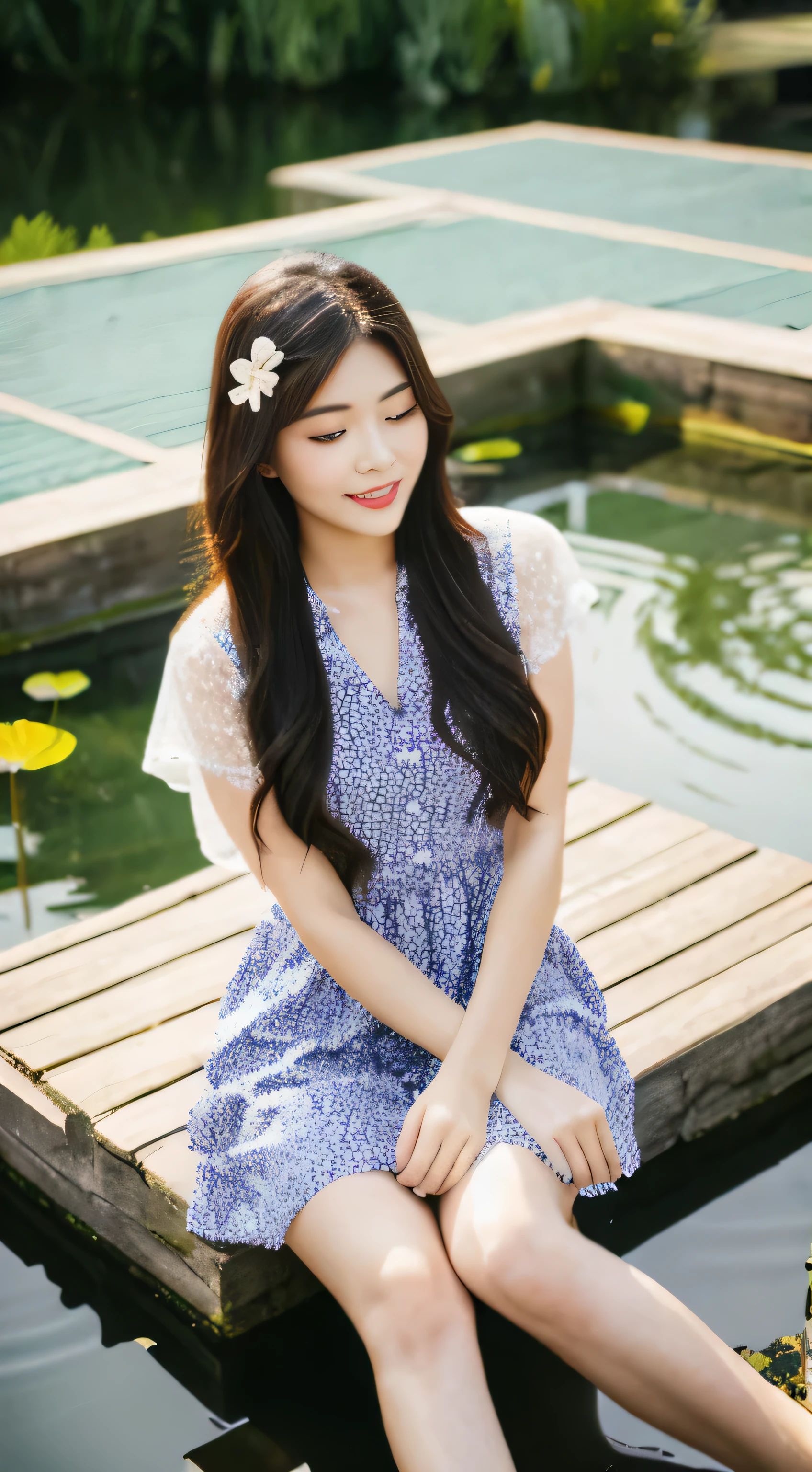 Masterpiece, ultra high resolution, absurddetails, sitting quietly, 1 girl with enchanting figure (1.3), hand-drawn with simple lines, 16-year-old in vibrant Chinese Hanfu attire, sexily adorned with fox ears, beside the serene lotus pond, surrounded by intricate water lily patterns, floating clothes and flowing hair, stunningly beautiful and captivating. (Additional elements for a more engaging image: sunlight filtering through the lotus leaves, gentle breeze causing ripples in the water, colorful butterflies fluttering around, lot