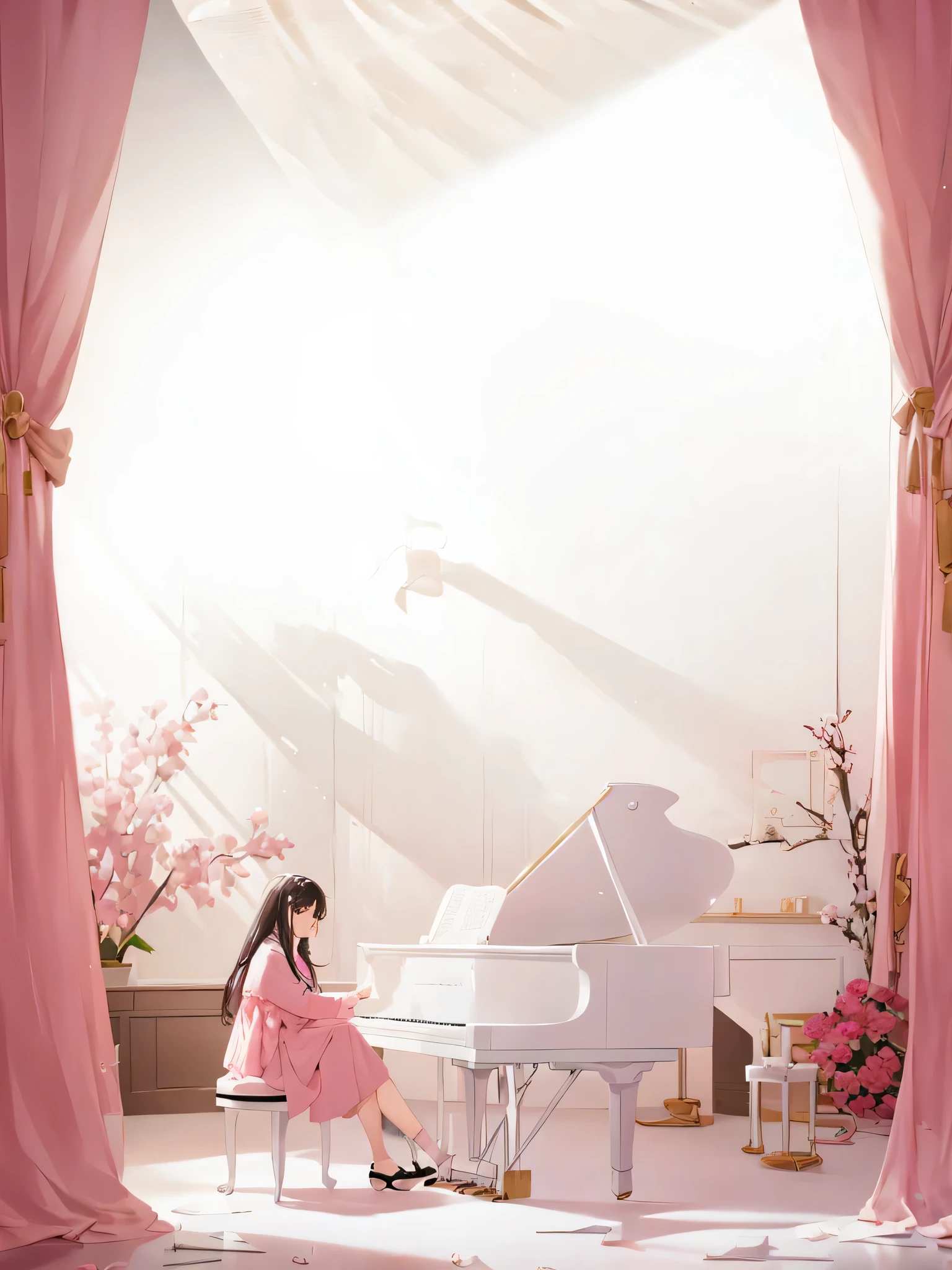 araffe sitting at a white piano in a pink room, piano家, playing piano, piano, korean artist, grand piano, in white room, piano in the background, full piano, only, musician, Award-winning works, in a room, With natural light as background, Tiffany, pink room brightly lit, propaganda art, pianos, low saturation，pink tint，Publicity photo