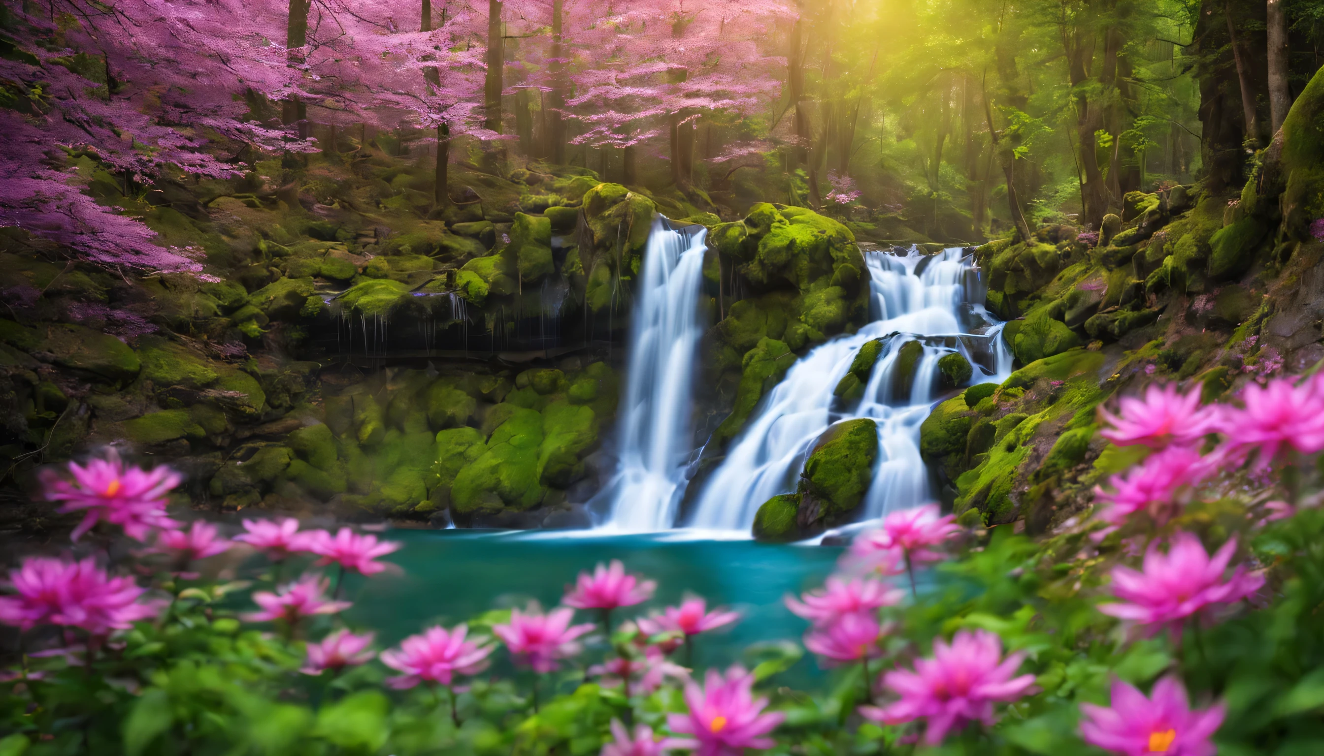 Close-up of a waterfall in the spring forest, huge waterfall, beautiful waterfall, many colorful flowers around, spring forest, colorful flowers,