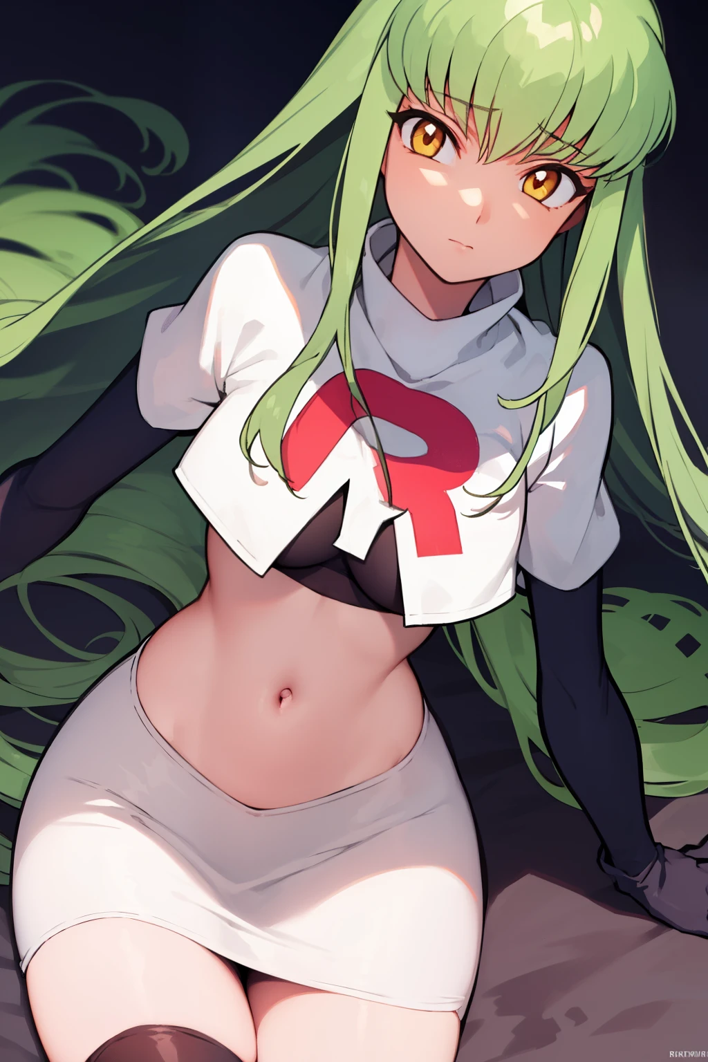 c.c., expressionlesasterpiece, best quality, ultra-detailed, best shadow, volumetric lighting), (beautiful detailed face, beautiful detailed eyes), (best illumination),
orange eyes, very long hair, team rocket,team rocket uniform,white skirt,red letter R,crop top,black thigh-highs,black elbow gloves
(cowboy shot:1.3),
mksks style, beautiful background, professional lighting, landscape with warm Colors,