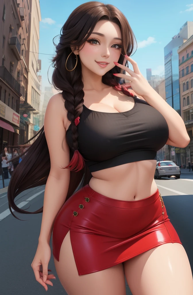 anime, 28 year old woman, taking a selfie, mischievous smile, long hair, dark hair color, stylish hairstyle, side hair long lush hair, long curls of hair pulled to the sides, Braids within the hair, curvy body, proportional body, sexy girl, beautiful mature girl, lovable character, crop top, short skirt, clarity, detailed, detailed face, very detailed drawing, smile, flirty look, city background,  saturated background, perfect composition, soft natural volumetric cinematic perfect light, masterpiece