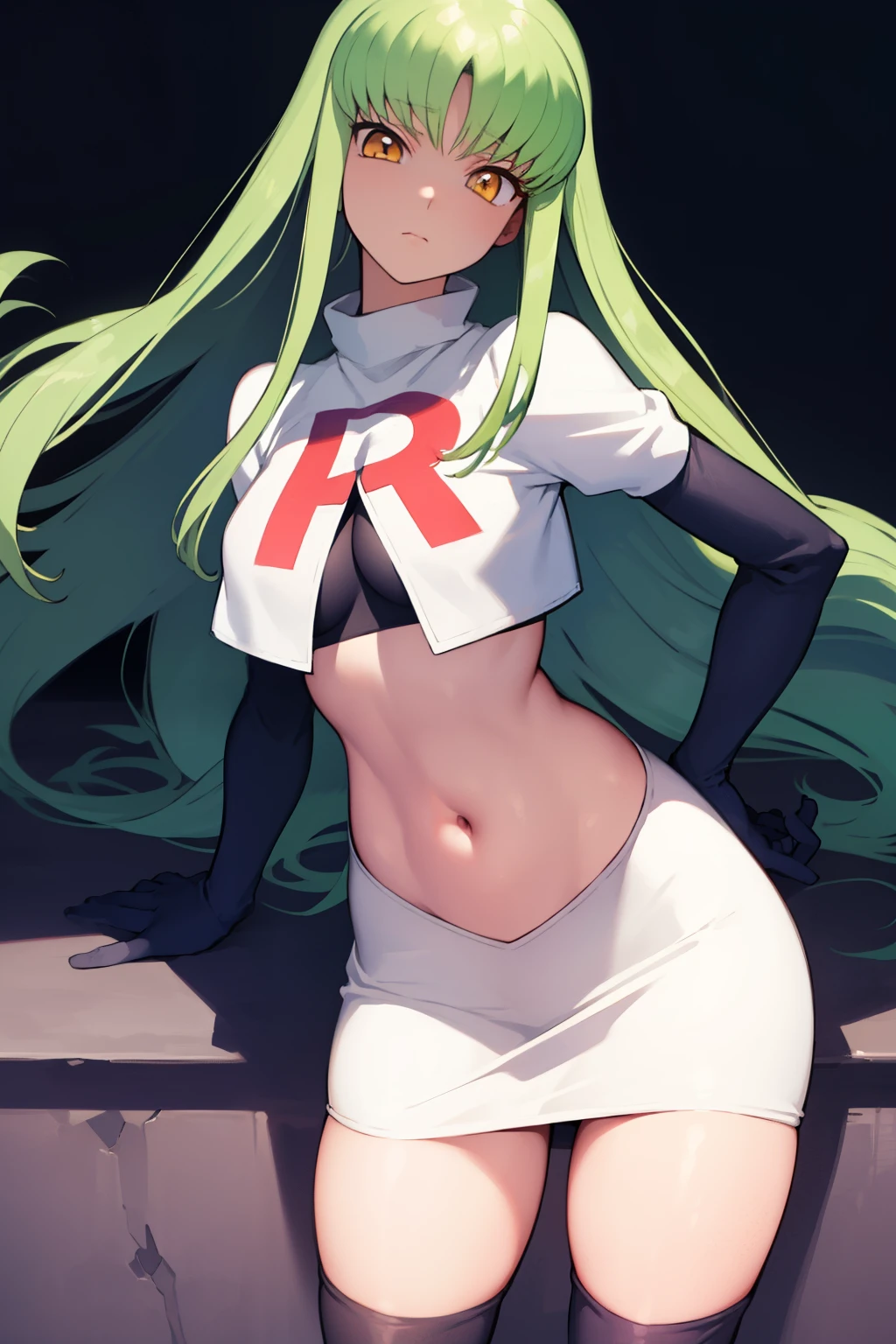 c.c., expressionlesasterpiece, best quality, ultra-detailed, best shadow, volumetric lighting), (beautiful detailed face, beautiful detailed eyes), (best illumination),
orange eyes, very long hair, team rocket,team rocket uniform,white skirt,red letter R,crop top,black thigh-highs,black elbow gloves
(cowboy shot:1.3), 
mksks style, beautiful background, professional lighting, landscape with warm Colors,