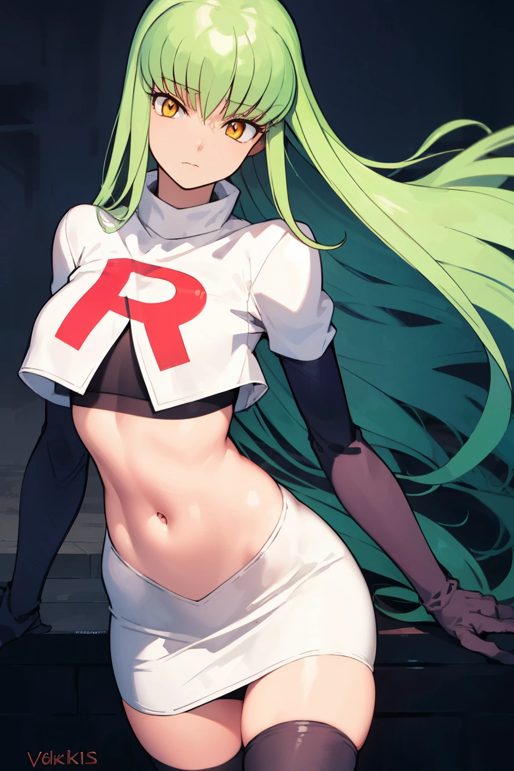 c.c., expressionlesasterpiece, best quality, ultra-detailed, best shadow, volumetric lighting), (beautiful detailed face, beautiful detailed eyes), (best illumination),
orange eyes, very long hair, team rocket,team rocket uniform,white skirt,red letter R,crop top,black thigh-highs,black elbow gloves
(cowboy shot:1.3), 
mksks style, beautiful background, professional lighting, landscape with warm Colors,