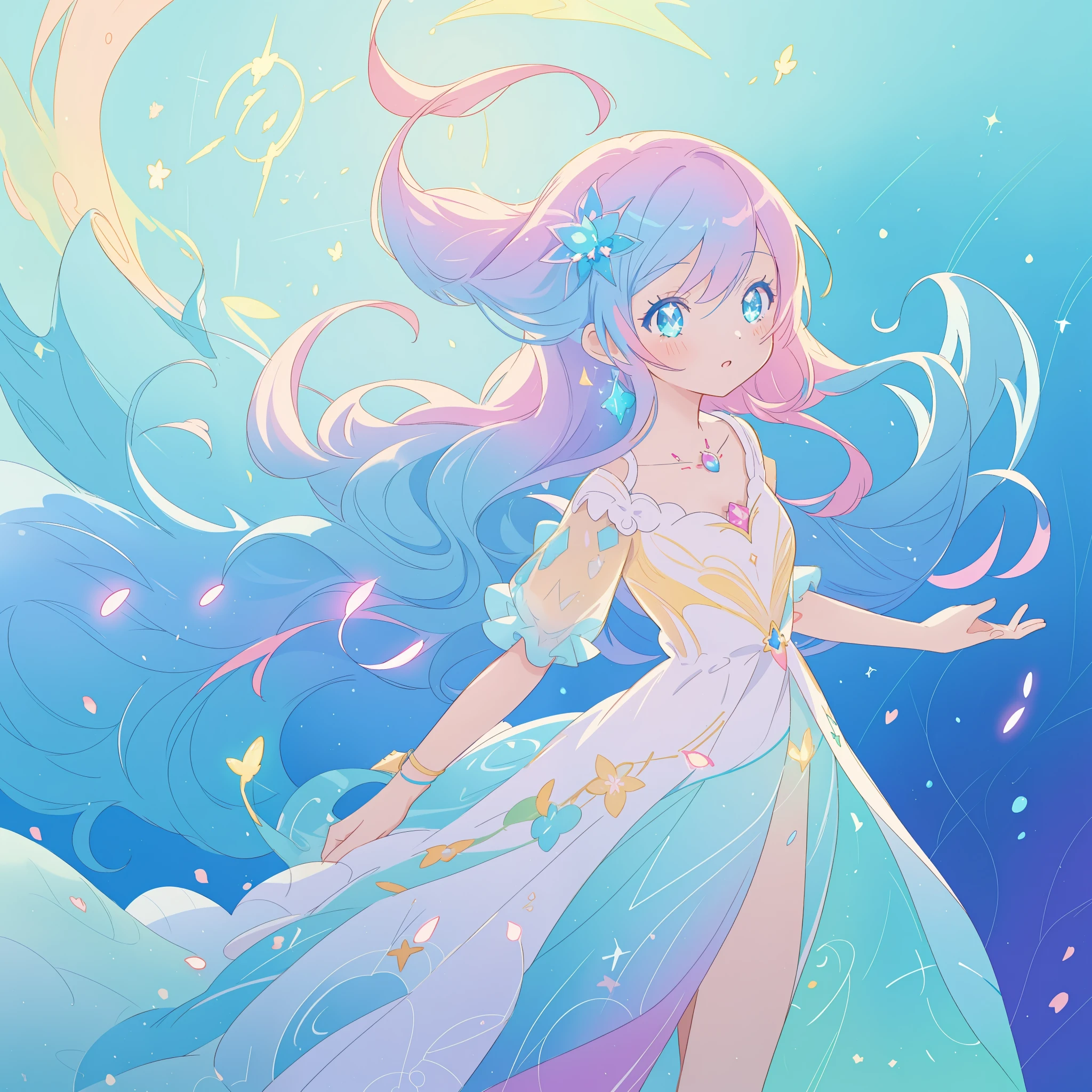 beautiful anime girl in colorful liquid dress, vibrant pastel colors, (colorful), magical lights, sparkling lines of light, inspired by Glen Keane, inspired by Lois van Baarle, disney art style, by Lois van Baarle, glowing aura around her, by Glen Keane, jen bartel, glowing lights! digital painting, flowing glowing hair, glowing flowing hair, beautiful digital illustration, fantasia background, whimsical, magical, fantasy, beautiful face, ((masterpiece, best quality)), intricate details, highly detailed, sharp focus, 8k resolution, sparkling detailed eyes, liquid watercolor