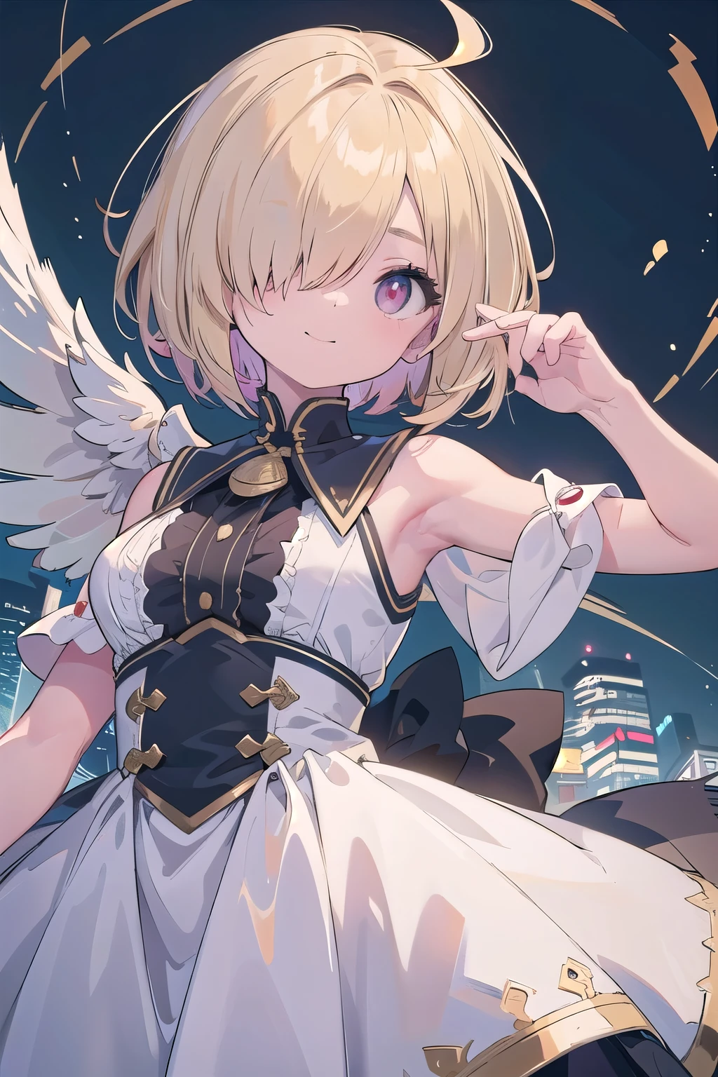 fantasy, 1angel_girl,, loli,brown_hair, medium_bob_hair, long_bangs, halo,bare_shoulder,thighhighs,silver_armor, waist_armor, large_breasts,grinning,teeth, 1pair_wings, dynamic_pose_fighting,floating, bare_crotch, headgear,gauntlet, greaves,city_sky_background,slightly_spread_legs, solo, groin_naked