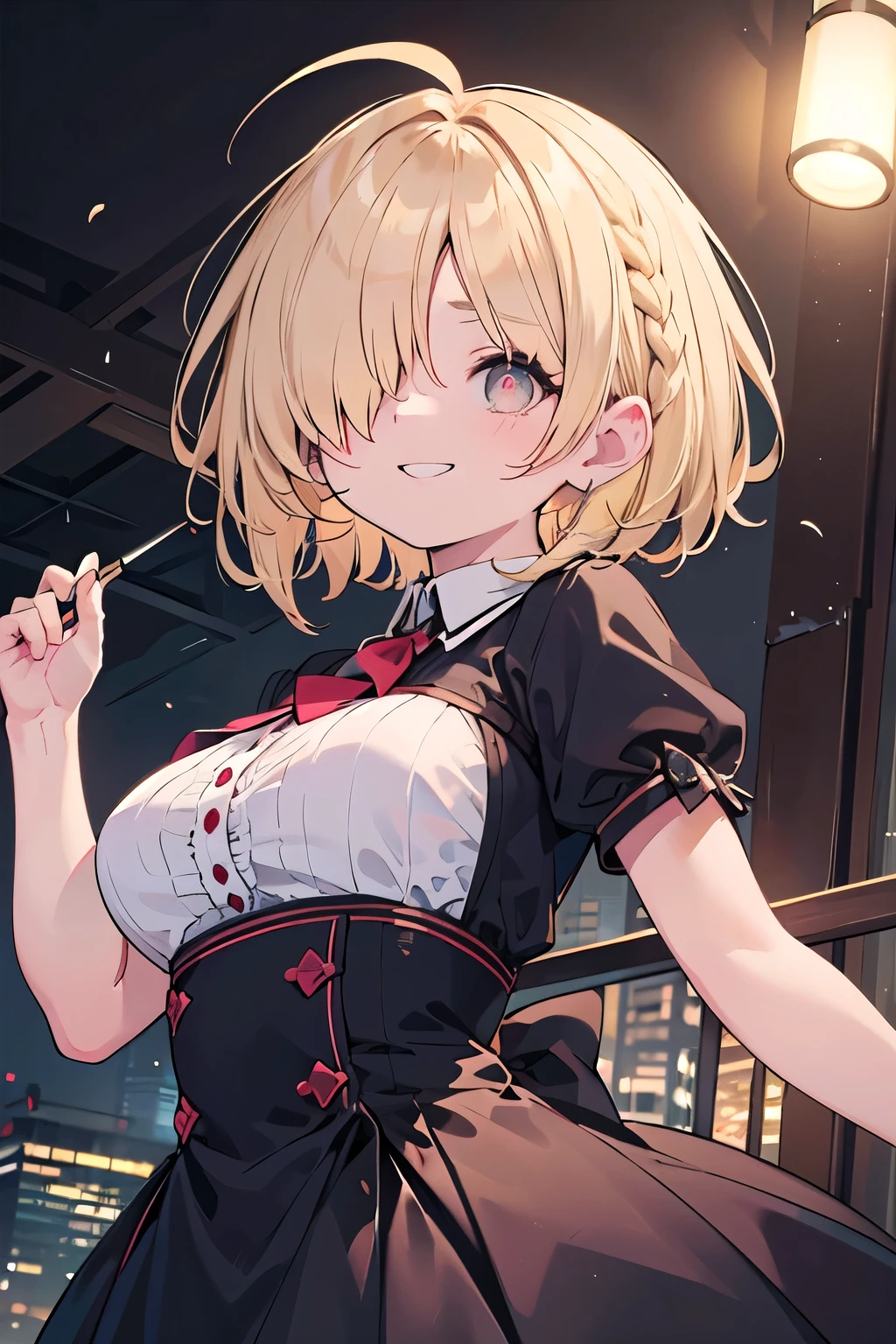 (masterpiece:1.2), (highest quality:1.2), perfect eyes, perfect face, perfect lighting, Dance, 1 boy,blonde　Upper body, big breasts　red eye, ((((((hair over one eye,)))))), a braid, Braid, spike hair, dull bangs, bob hair, Ahoge, cute eyes, Medium chest, , (((from below))), closed mouth, vivid description,orgasm, I was scared, Ahegao, smile+Happy, tooth, anger, From the side, party dress, Are standing, arm behind back