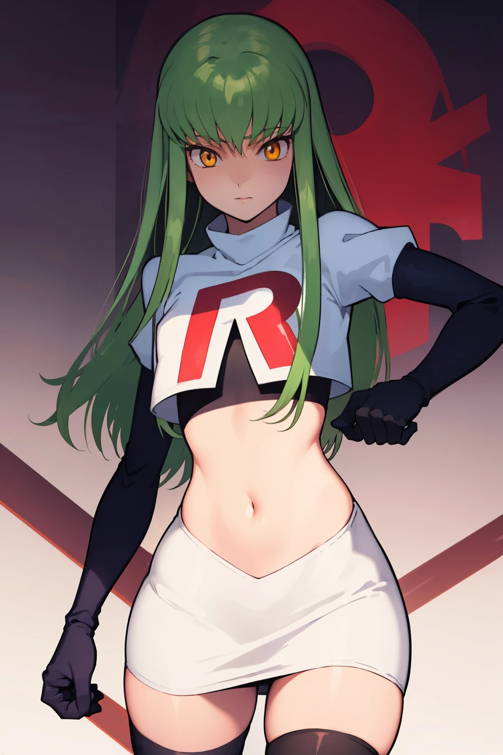 c.c., expressionlesasterpiece, best quality, ultra-detailed, best shadow, volumetric lighting), (beautiful detailed face, beautiful detailed eyes), (best illumination),
orange eyes, very long hair, team rocket,team rocket uniform,white skirt,red letter R,crop top,black thigh-highs,black elbow gloves
(cowboy shot:1.3), 
mksks style, beautiful background, professional lighting, landscape with warm Colors,