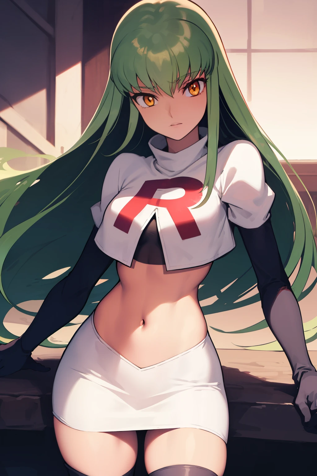 c.c., expressionlesasterpiece, best quality, ultra-detailed, best shadow, volumetric lighting), (beautiful detailed face, beautiful detailed eyes), (best illumination),
orange eyes, very long hair, team rocket,team rocket uniform,white skirt,red letter R,crop top,black thigh-highs,black elbow gloves
(cowboy shot:1.3),
mksks style, beautiful background, professional lighting, landscape with warm Colors,