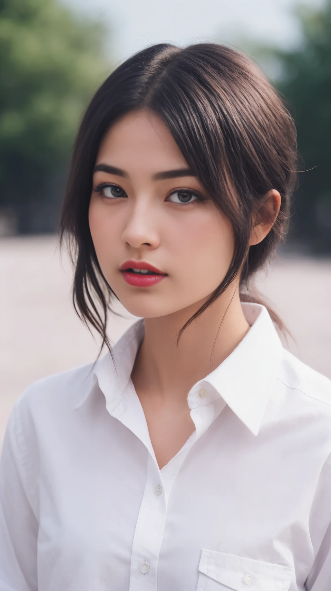 Boycut brown shining hair, (RAW photo), (realism: 1.8), (gloss red lipstick, many eyelashes, dark black eye shadow, shy, blushing, high quality, high resolution, depth of field, chromatic aberration, caustic, wide light, dark pink fair glossy skin, (21 year old woman), stylish college girl, white shirt-blue jeans, lots of exposure, pose, visible 8k resolutions,